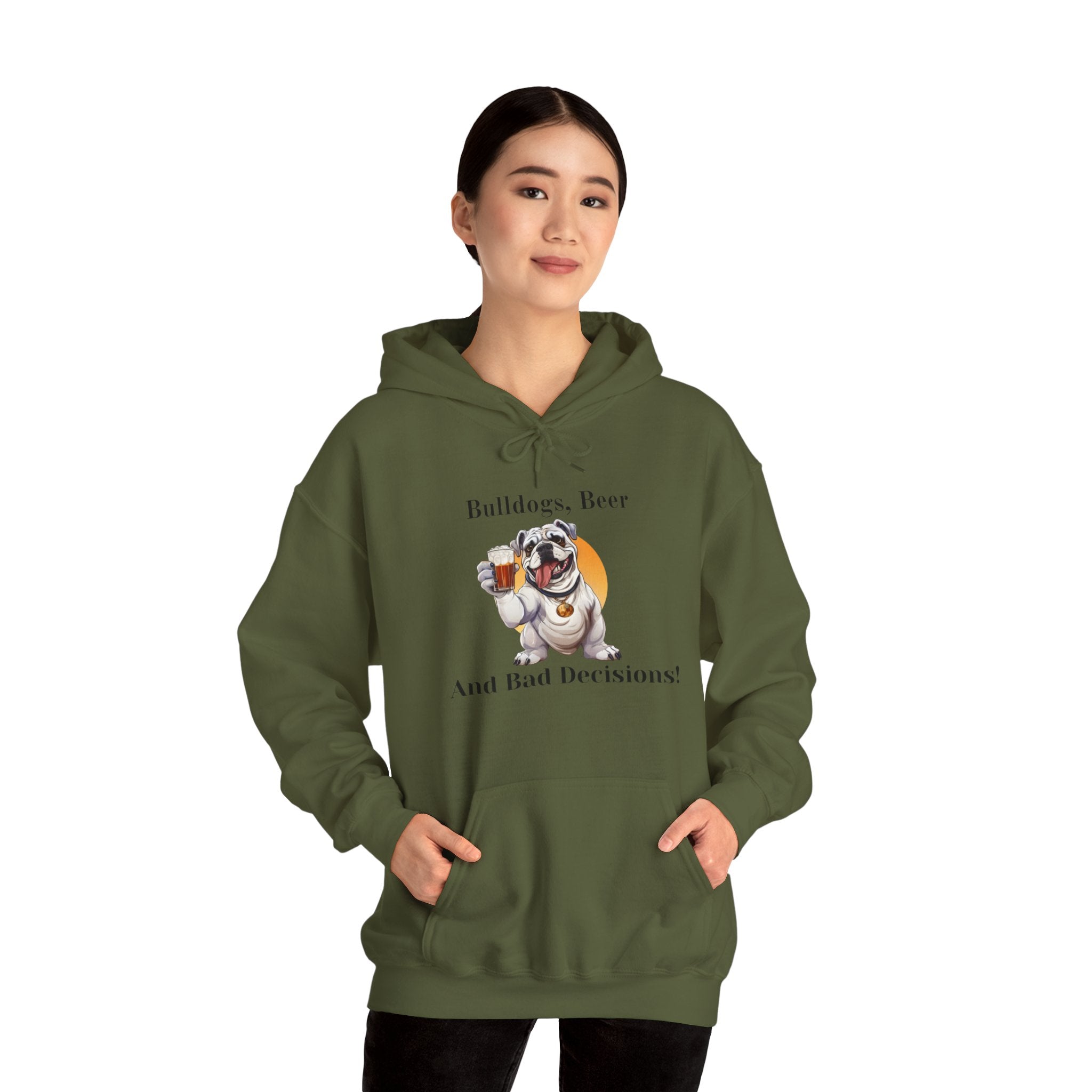 Bulldogs, Beer, and Bad Decisions" Hoodie - Your Go-To Gear for Mischievous Times! (English/White)
