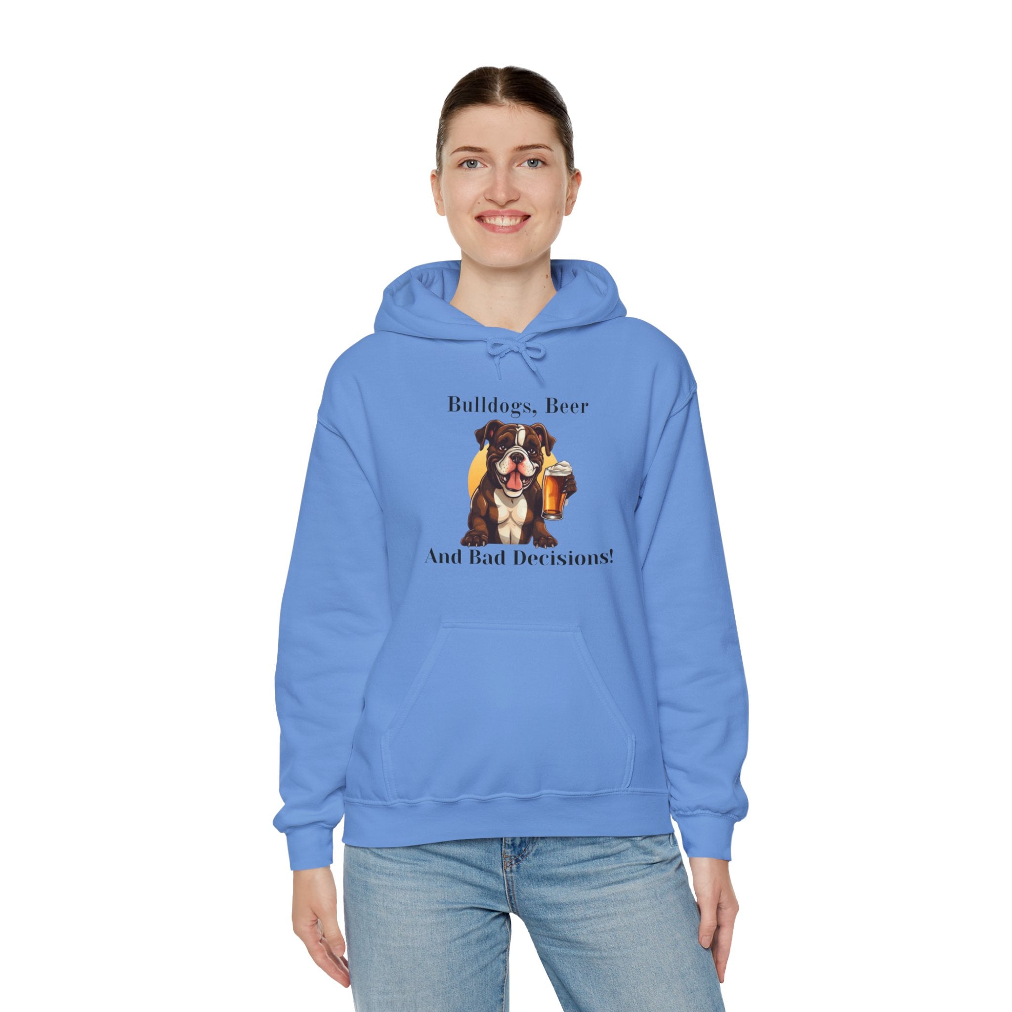 Bulldogs, Beer, and Bad Decisions" Hoodie - Your Go-To Gear for Mischievous Times! (American/Brown)