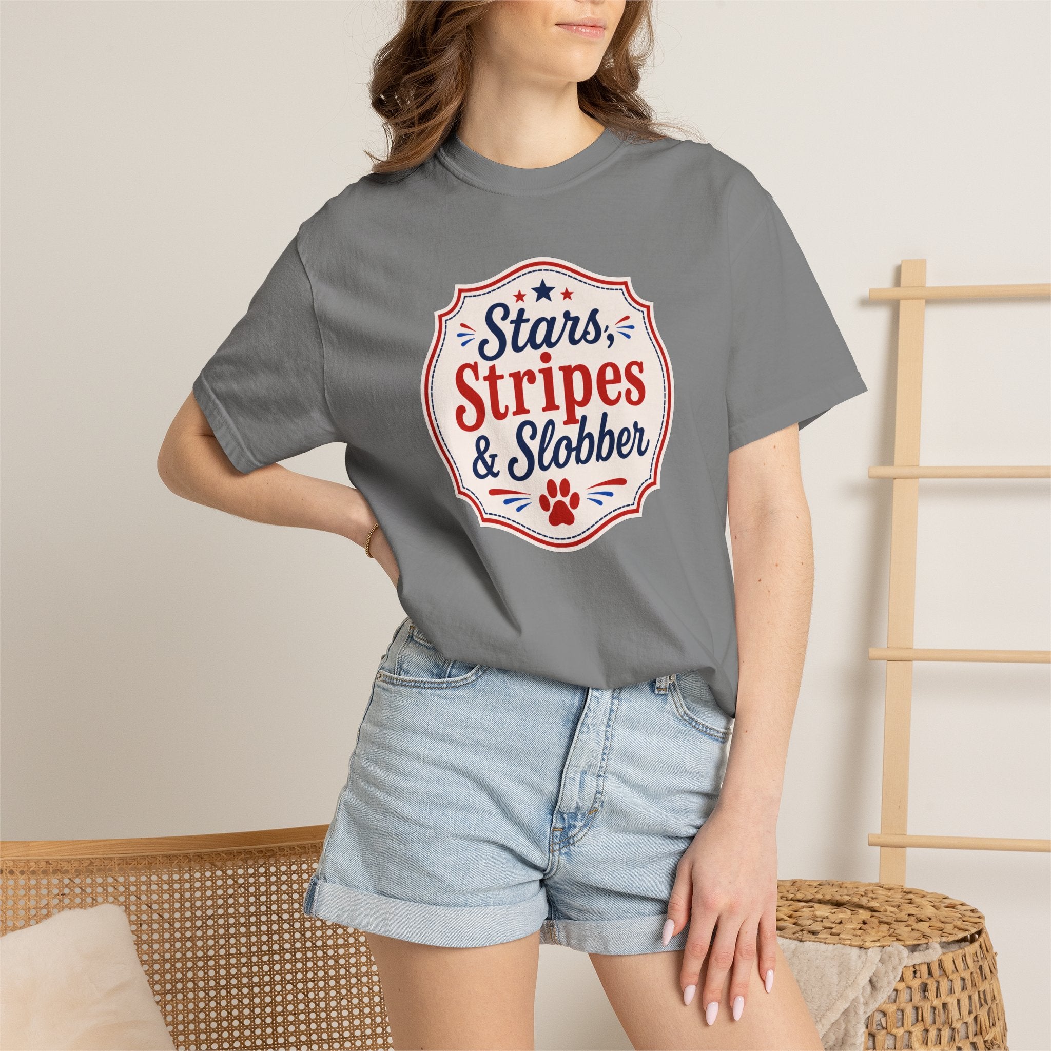 Stars, Stripes & Slobber Bulldog T-Shirt | Patriotic Garment-Dyed Tee (French)