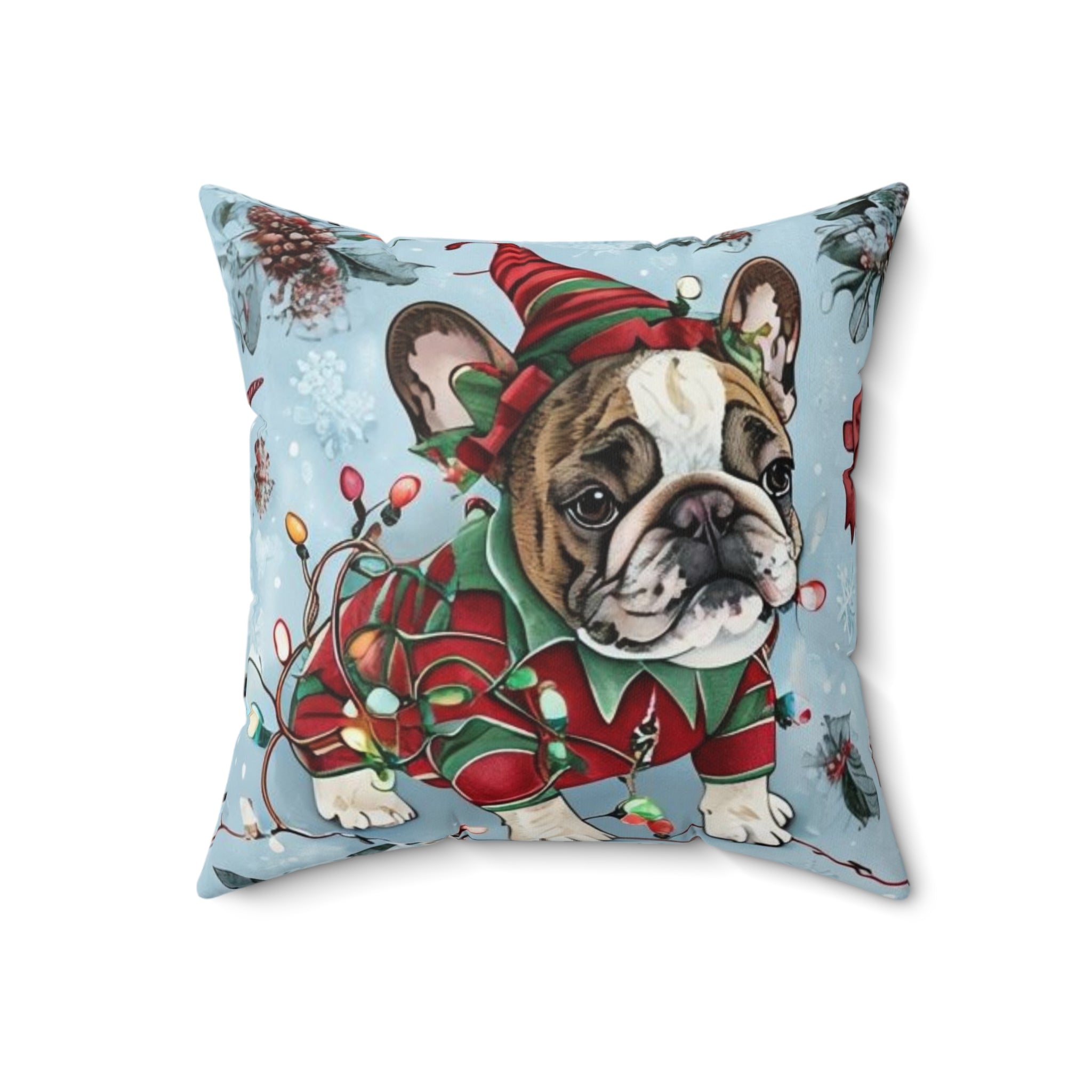 “Holiday Bulldog Wonderland” Christmas pillow (French)