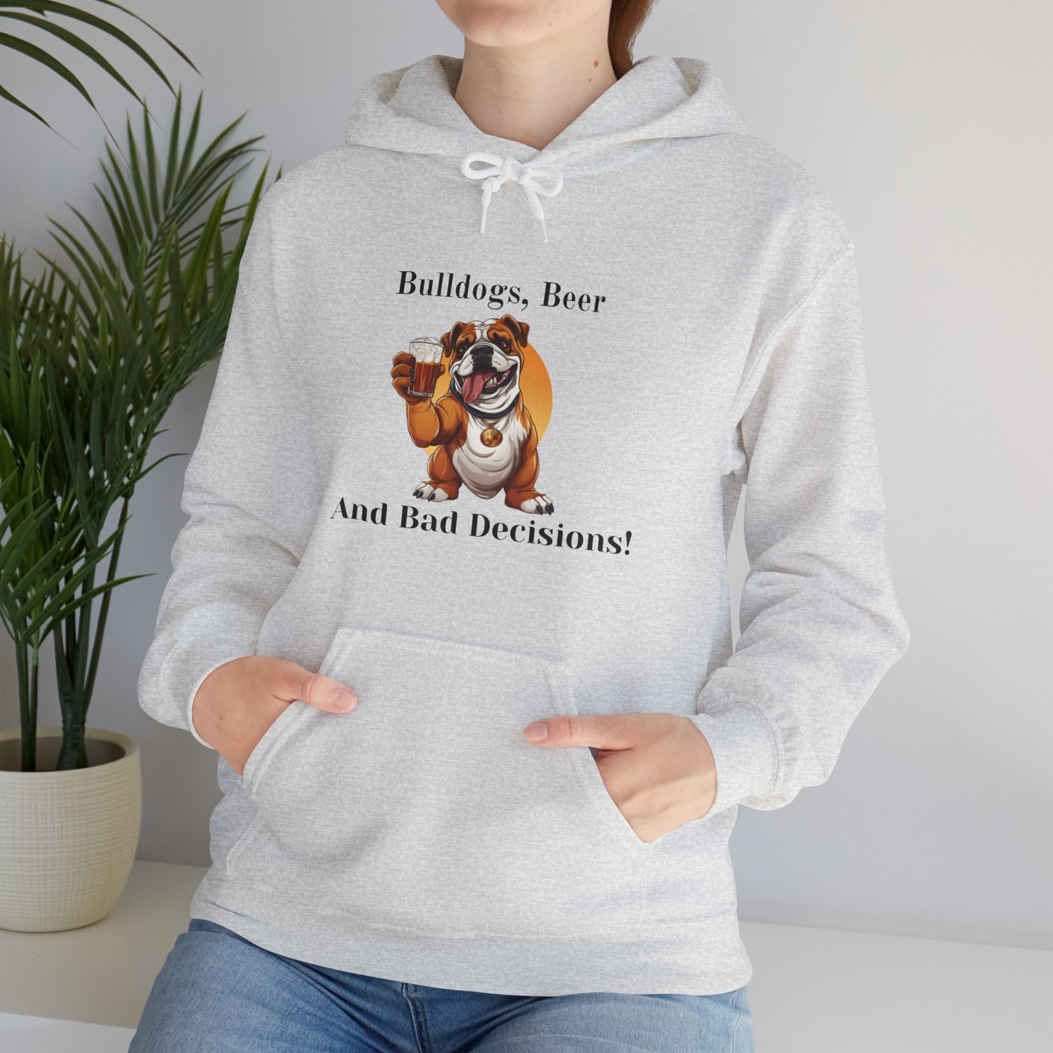 Bulldogs, Beer, and Bad Decisions" Hoodie - Your Go-To Gear for Mischievous Times! (English/Brown)