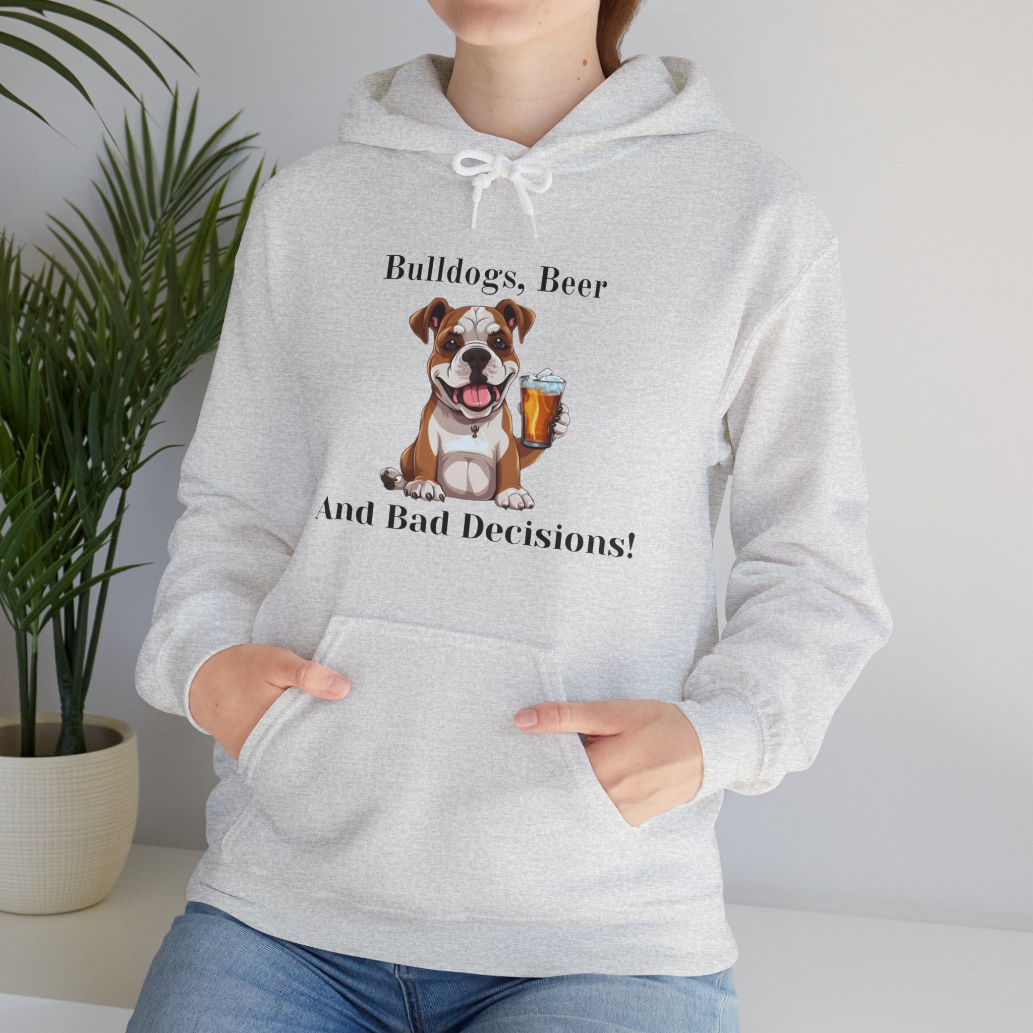 Bulldogs, Beer, and Bad Decisions" Hoodie - Your Go-To Gear for Mischievous Times! (American/White)