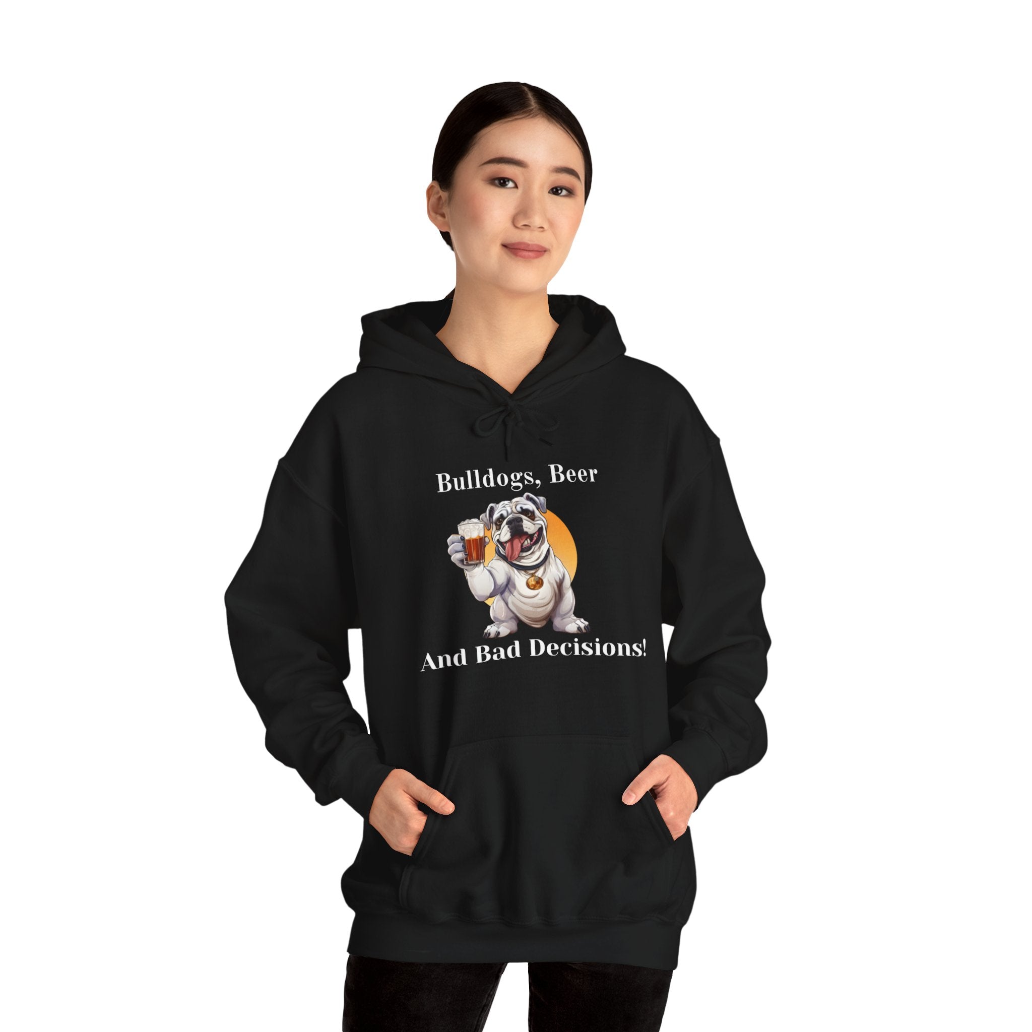 Bulldogs, Beer, and Bad Decisions" Hoodie - Your Go-To Gear for Mischievous Times! (English/White)