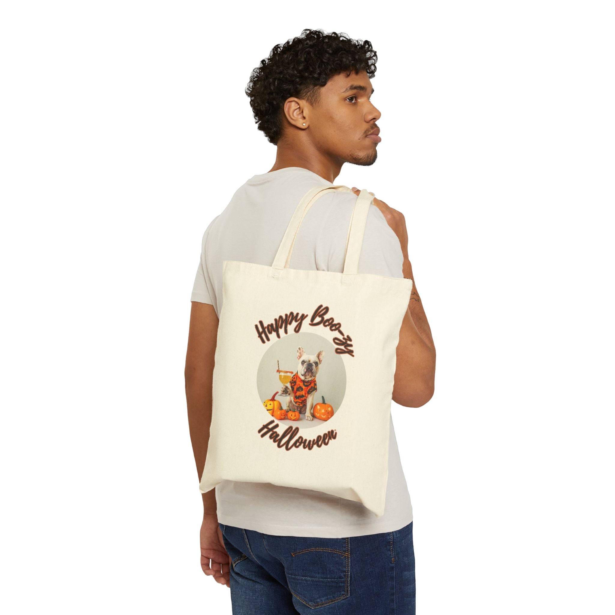 "Happy Boo-zy Halloween" Trick or Treat Canvas Tote Bag (White/French)