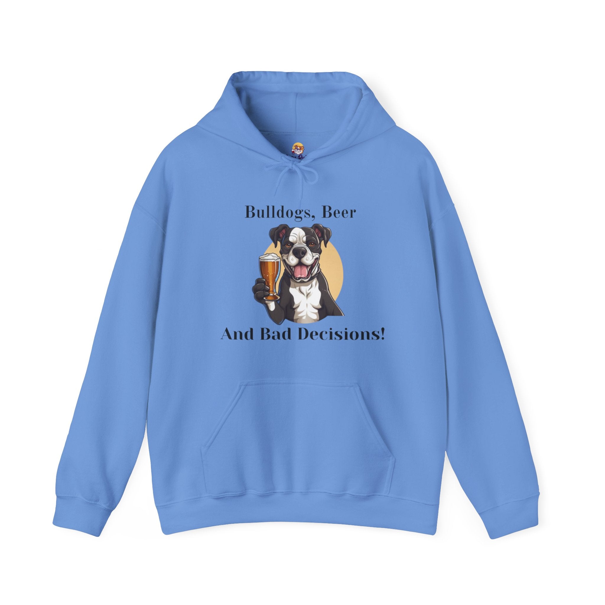 Bulldogs, Beer, and Bad Decisions" Hoodie - Your Go-To Gear for Mischievous Times! back view - English Bulldog mom gift | Tipsy Bully