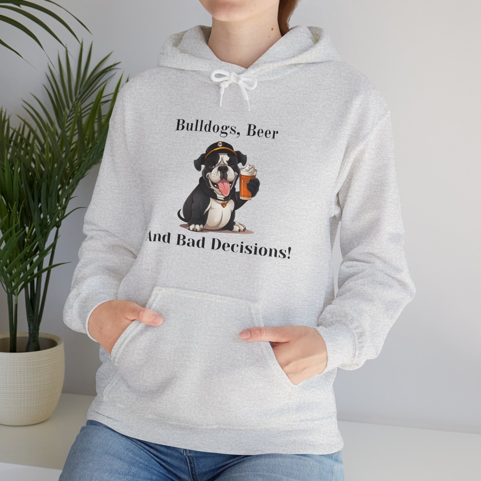 Bulldogs, Beer, and Bad Decisions" Hoodie - Your Go-To Gear for Mischievous Times! (English/Black)