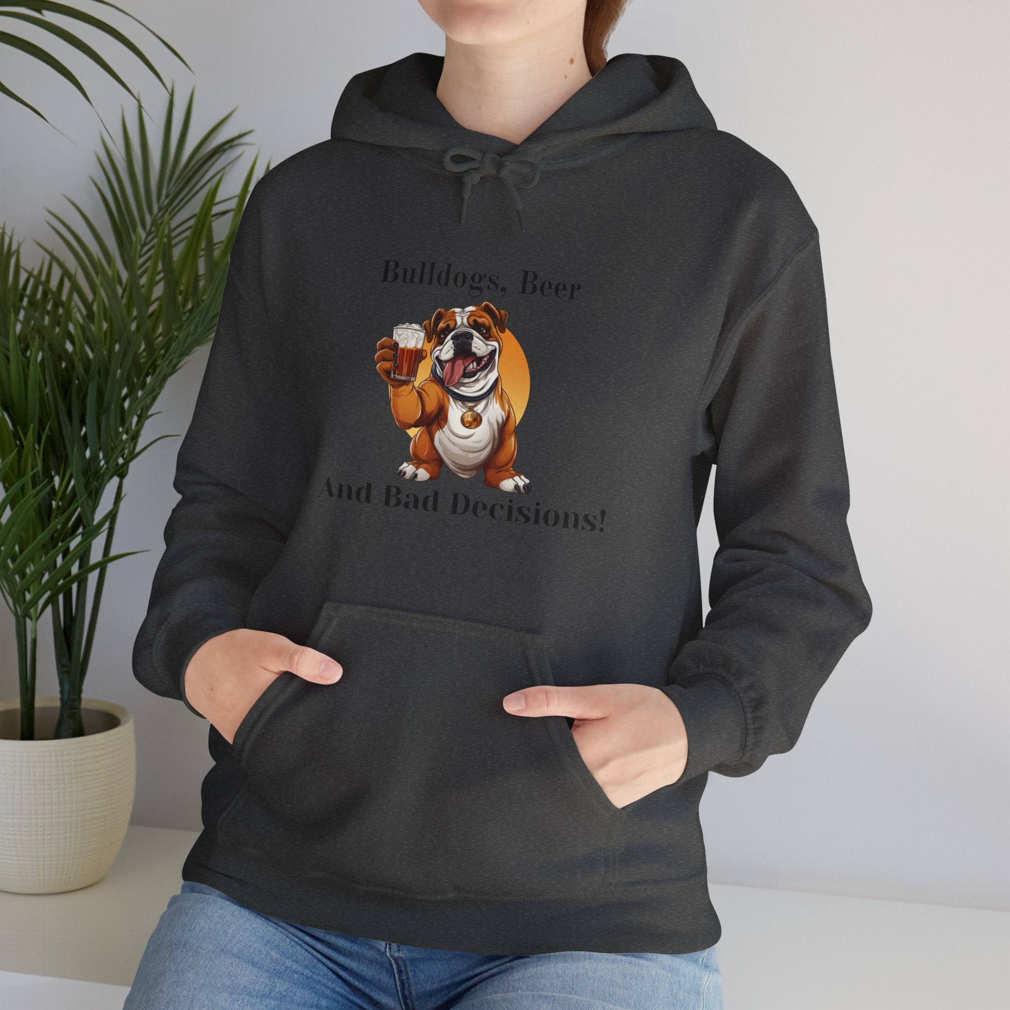 Bulldogs, Beer, and Bad Decisions" Hoodie - Your Go-To Gear for Mischievous Times! (English/Brown)