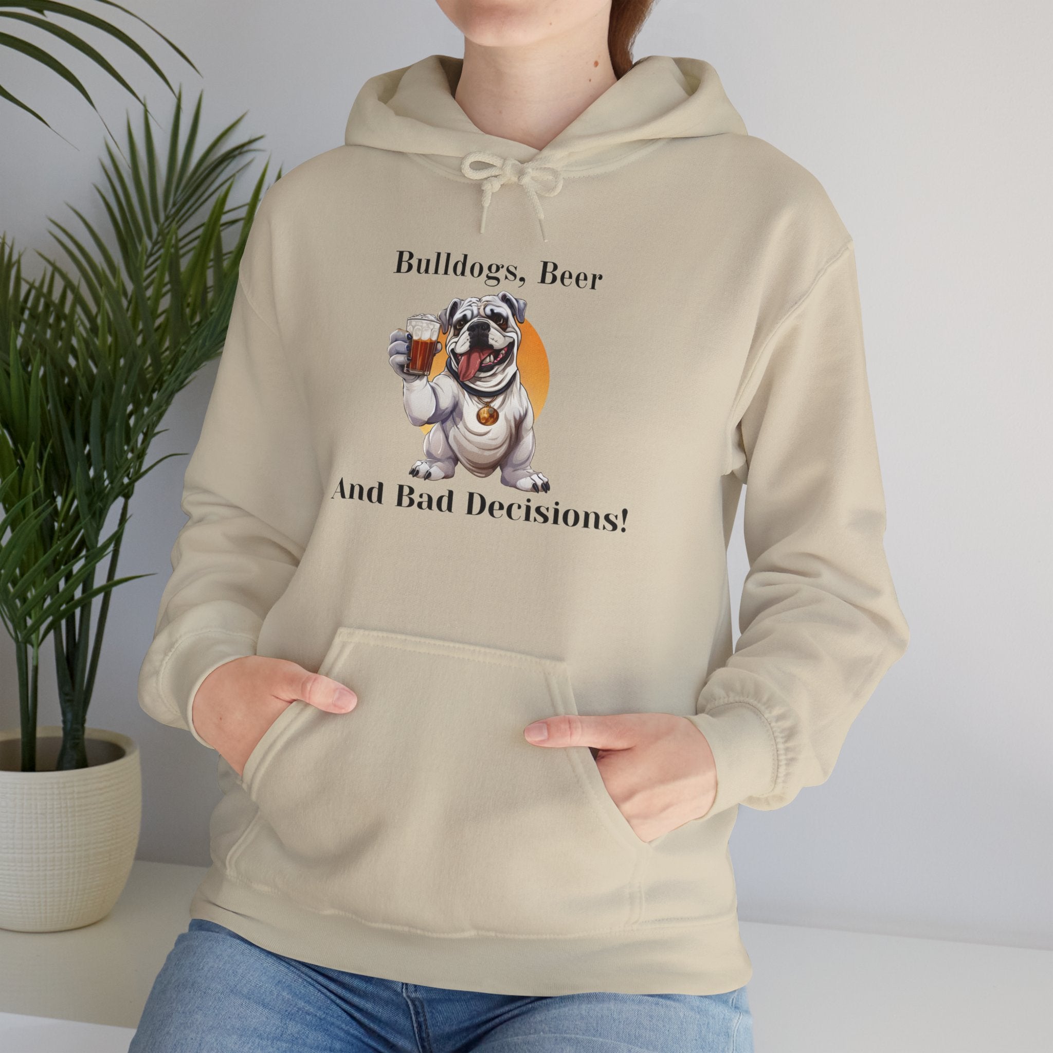 Bulldogs, Beer, and Bad Decisions" Hoodie - Your Go-To Gear for Mischievous Times! (English/White)