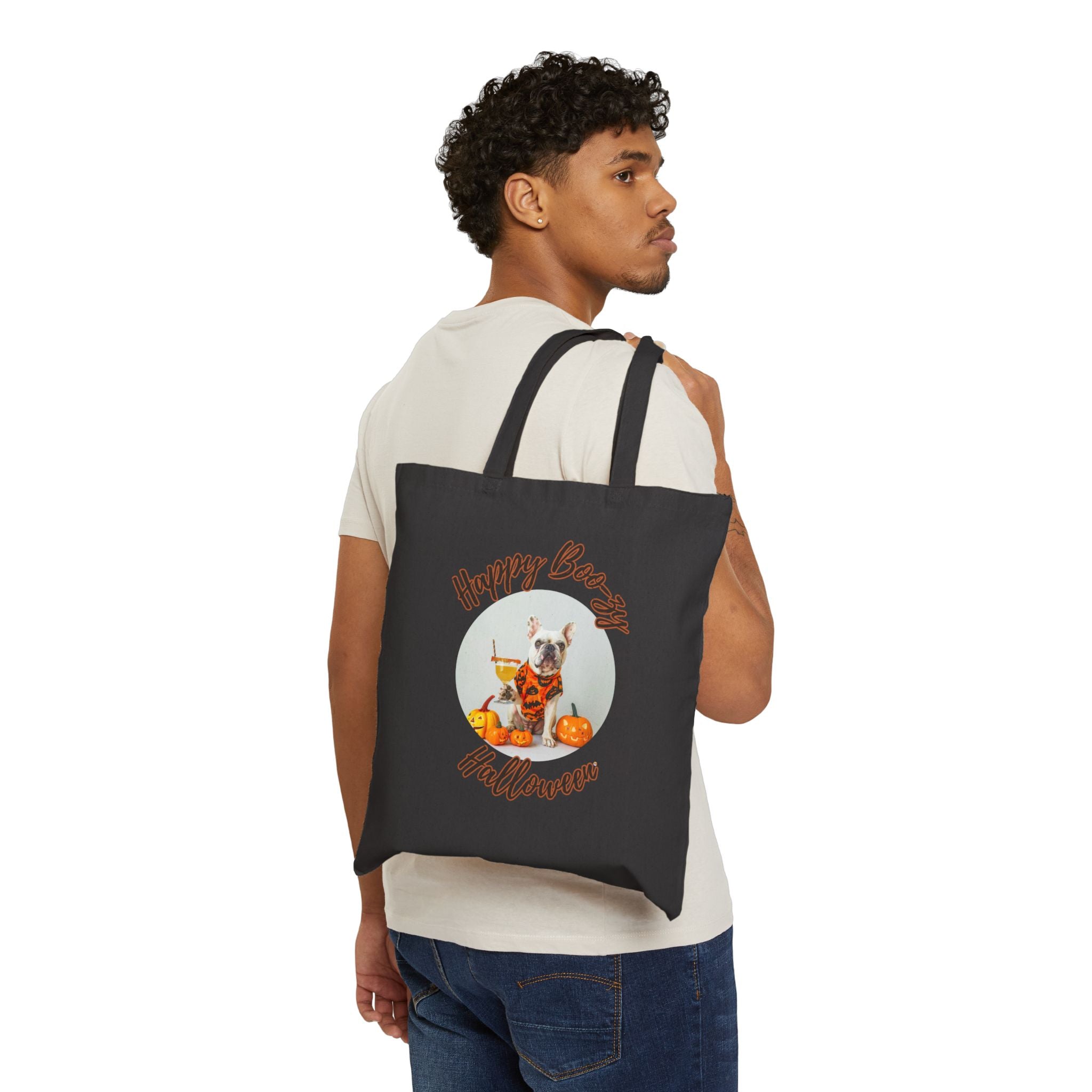 "Happy Boo-zy Halloween" Trick or Treat Canvas Tote Bag (White/French)