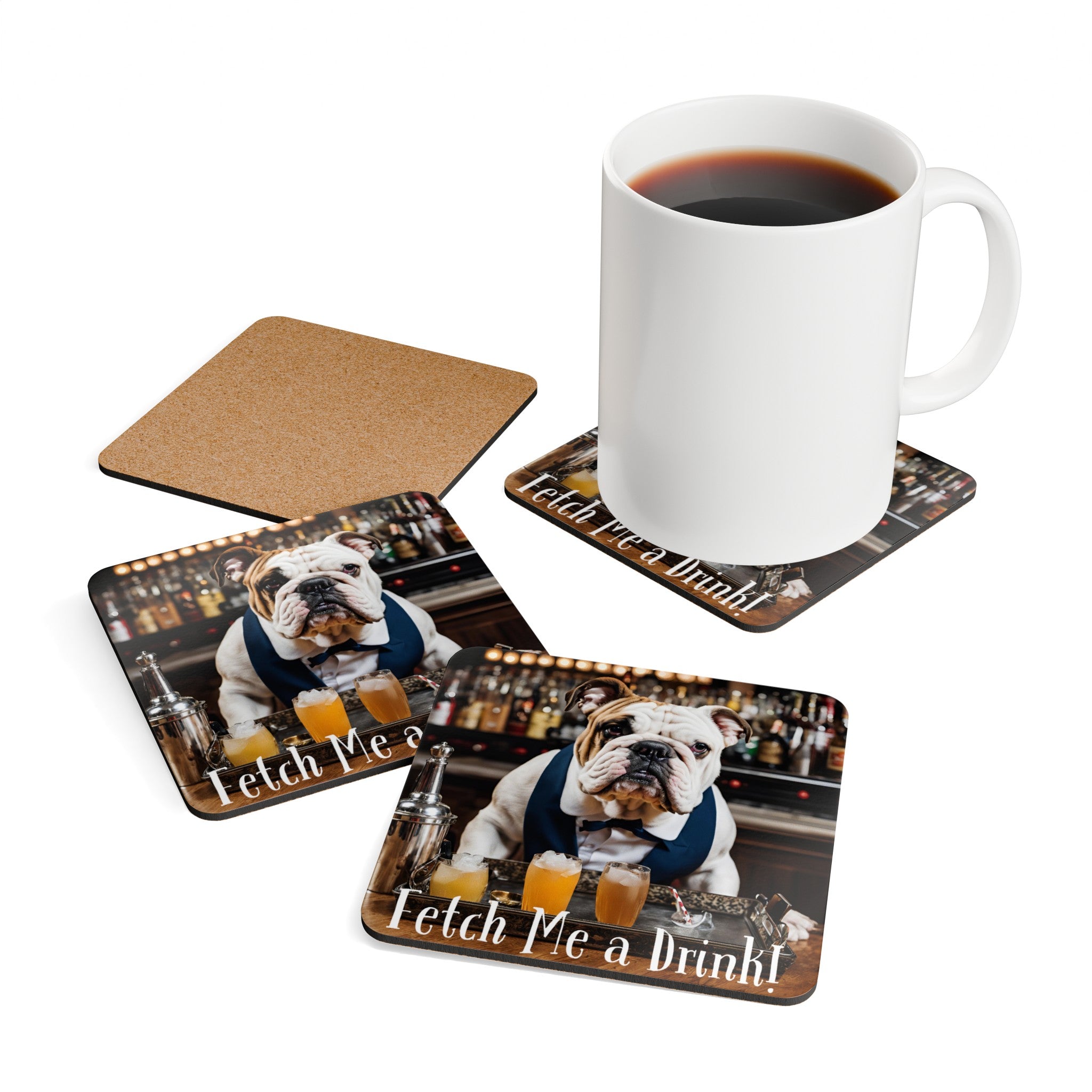 "Fetch Me A Drink" set of 4 coasters (White/English)