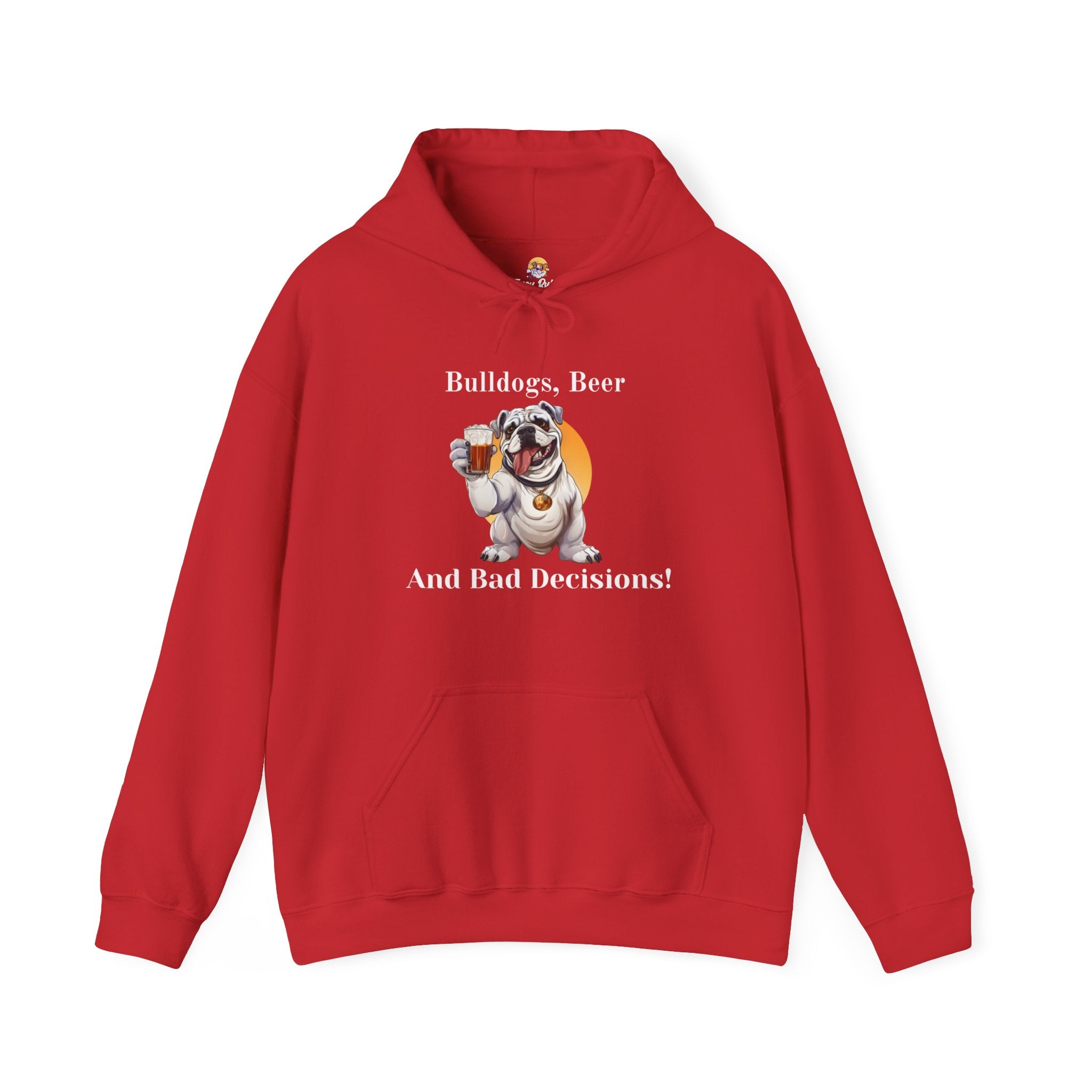 Bulldogs, Beer, and Bad Decisions" Hoodie - Your Go-To Gear for Mischievous Times! (English/White)