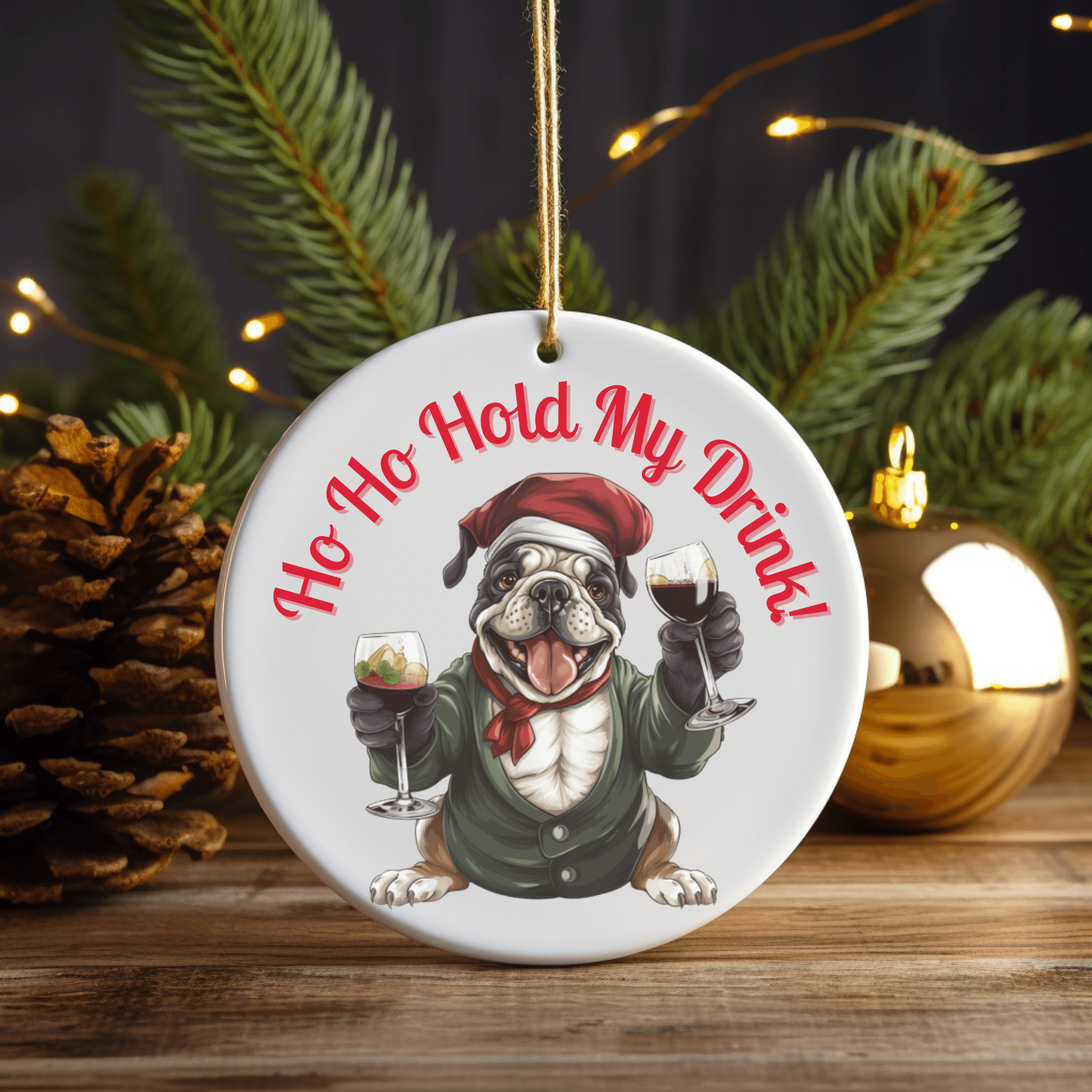 "Ho Ho Hold My Drink!" Christmas Ornament - English Bulldog