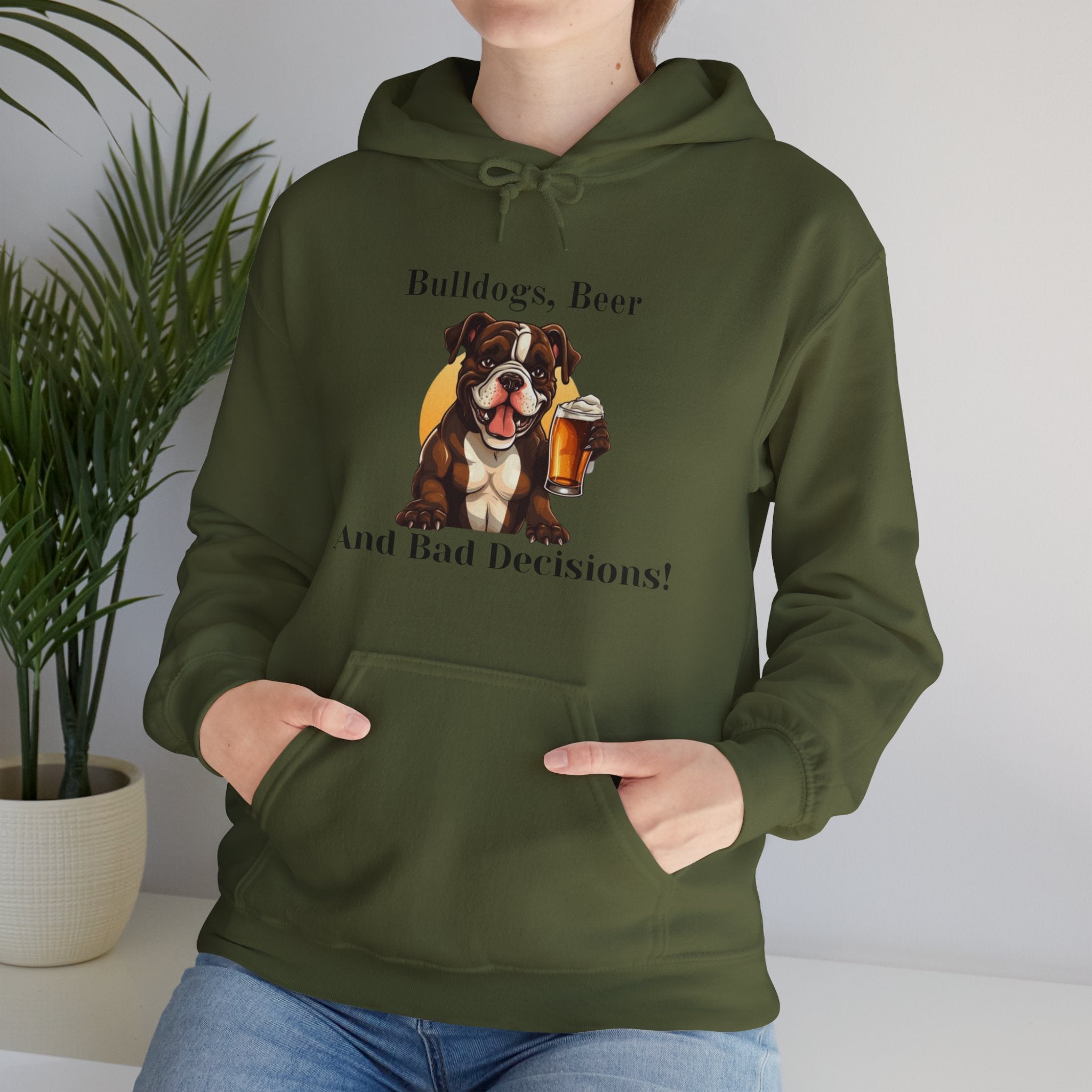 Bulldogs, Beer, and Bad Decisions" Hoodie - Your Go-To Gear for Mischievous Times! (American/Brown)