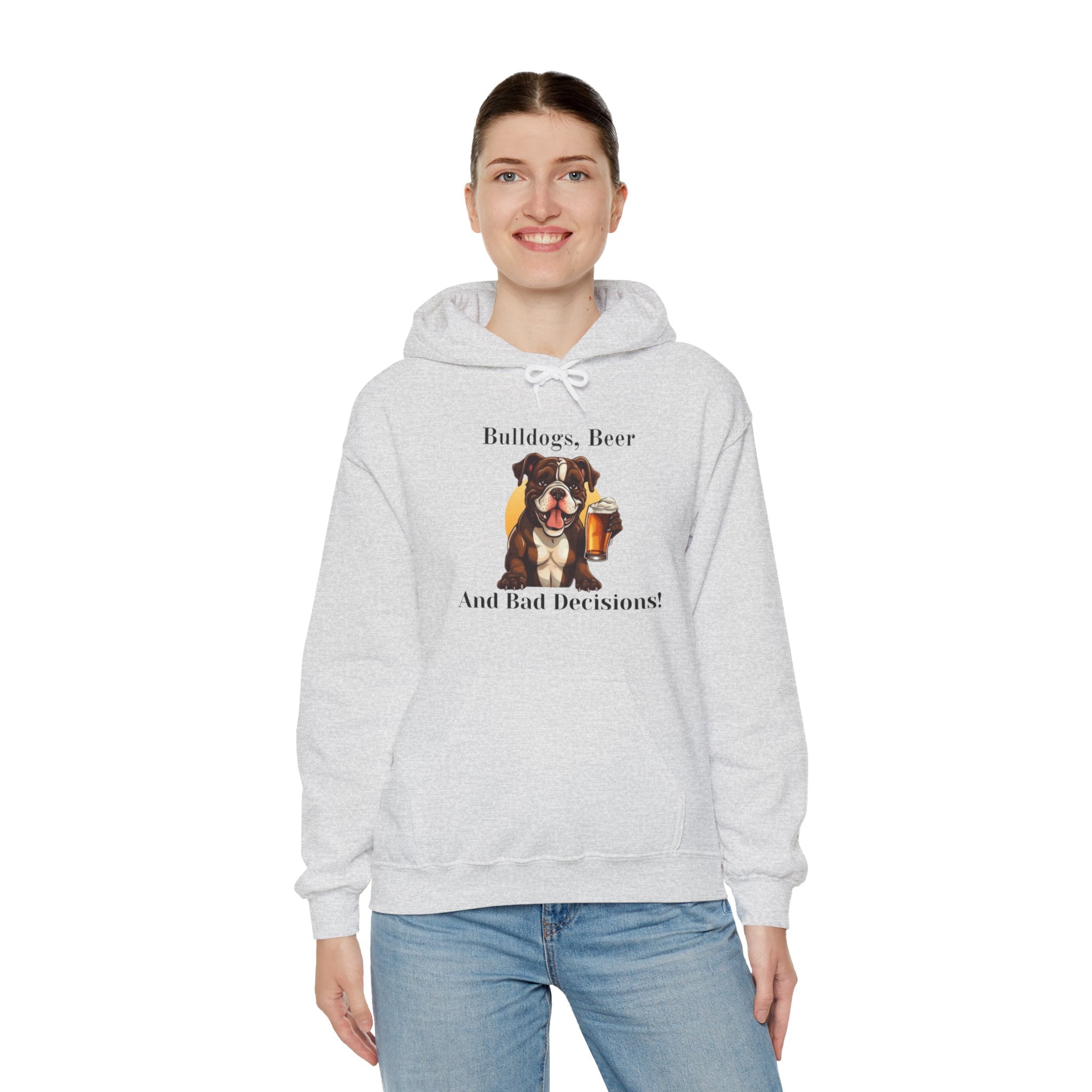 Bulldogs, Beer, and Bad Decisions" Hoodie - Your Go-To Gear for Mischievous Times! (American/Brown)
