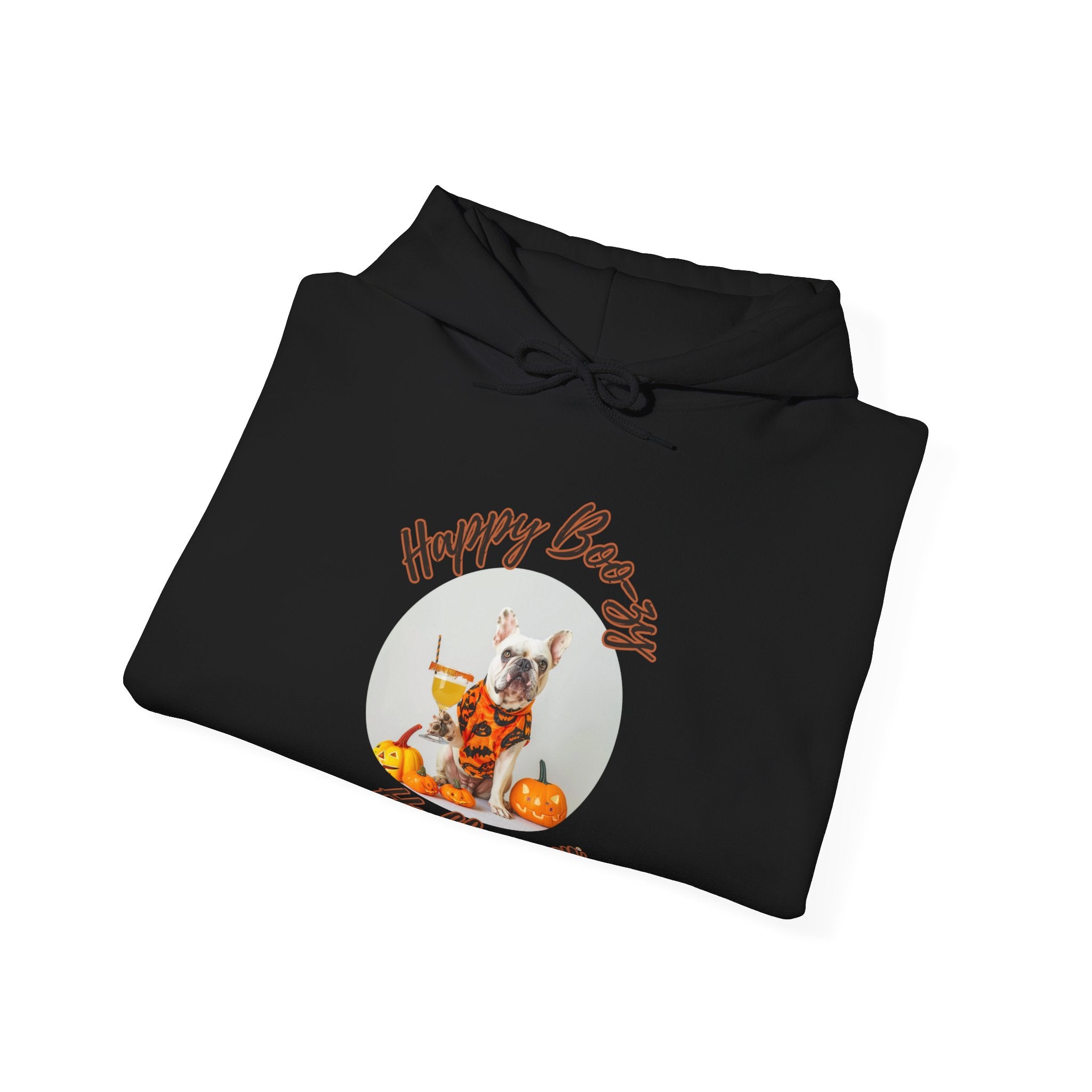 "Happy Boo-zy Halloween" Halloween Bulldog Hoodie (White/French)