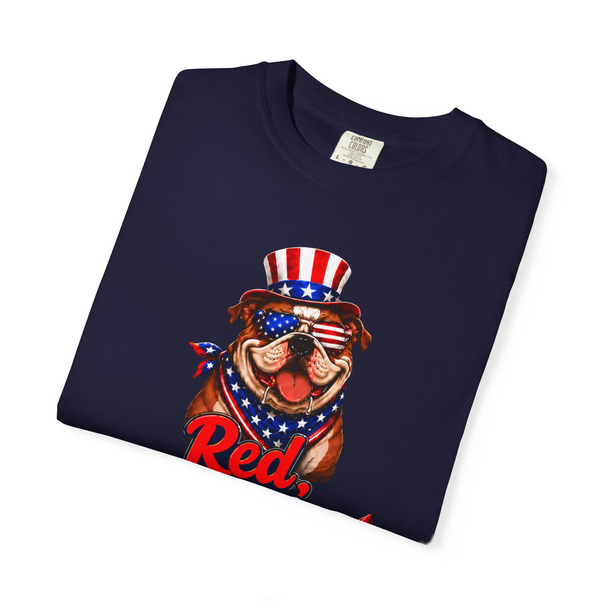 Red, White & Drool Bulldog T-Shirt | Patriotic Garment-Dyed Tee (English)