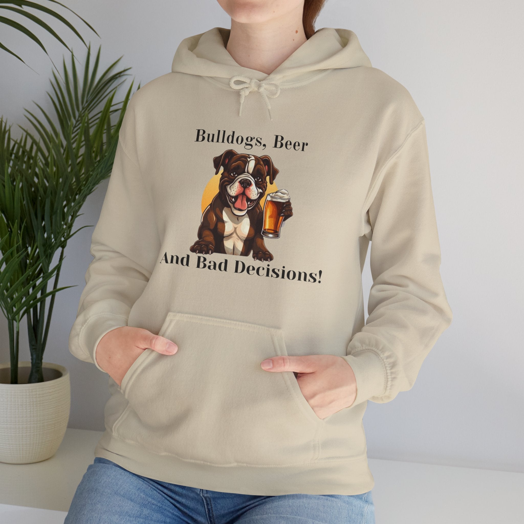 Bulldogs, Beer, and Bad Decisions" Hoodie - Your Go-To Gear for Mischievous Times! (American/Brown)