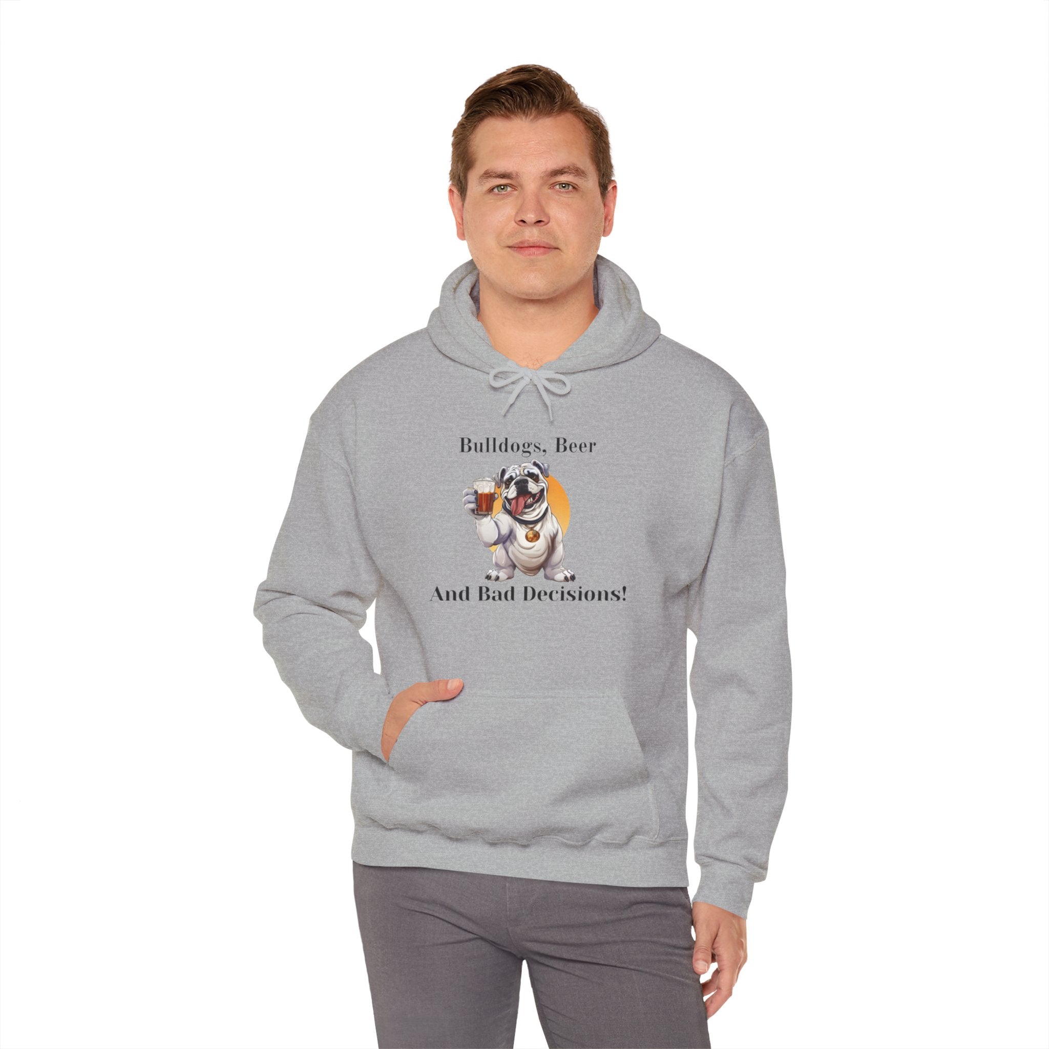 Bulldogs, Beer, and Bad Decisions" Hoodie - Your Go-To Gear for Mischievous Times! (English/White)