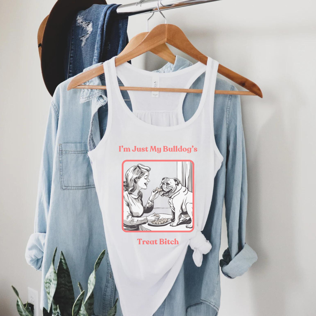 "Just My Bulldog's Treat Bitch" Flowy Racerback Tank (Pink/English)