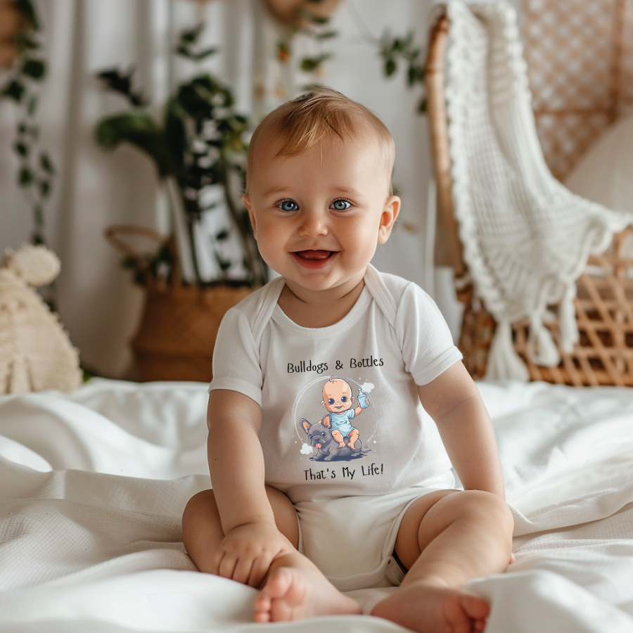 Bulldogs and Bottles, That's My Life!" Baby Onesie (French/Boy)