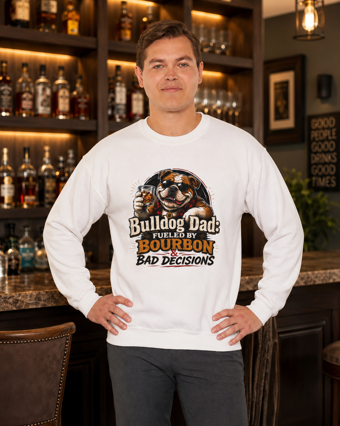 Bulldog Dad Sweatshirt - "Fueled by Bourbon & Bad Decisions" Cozy Crewneck (English)