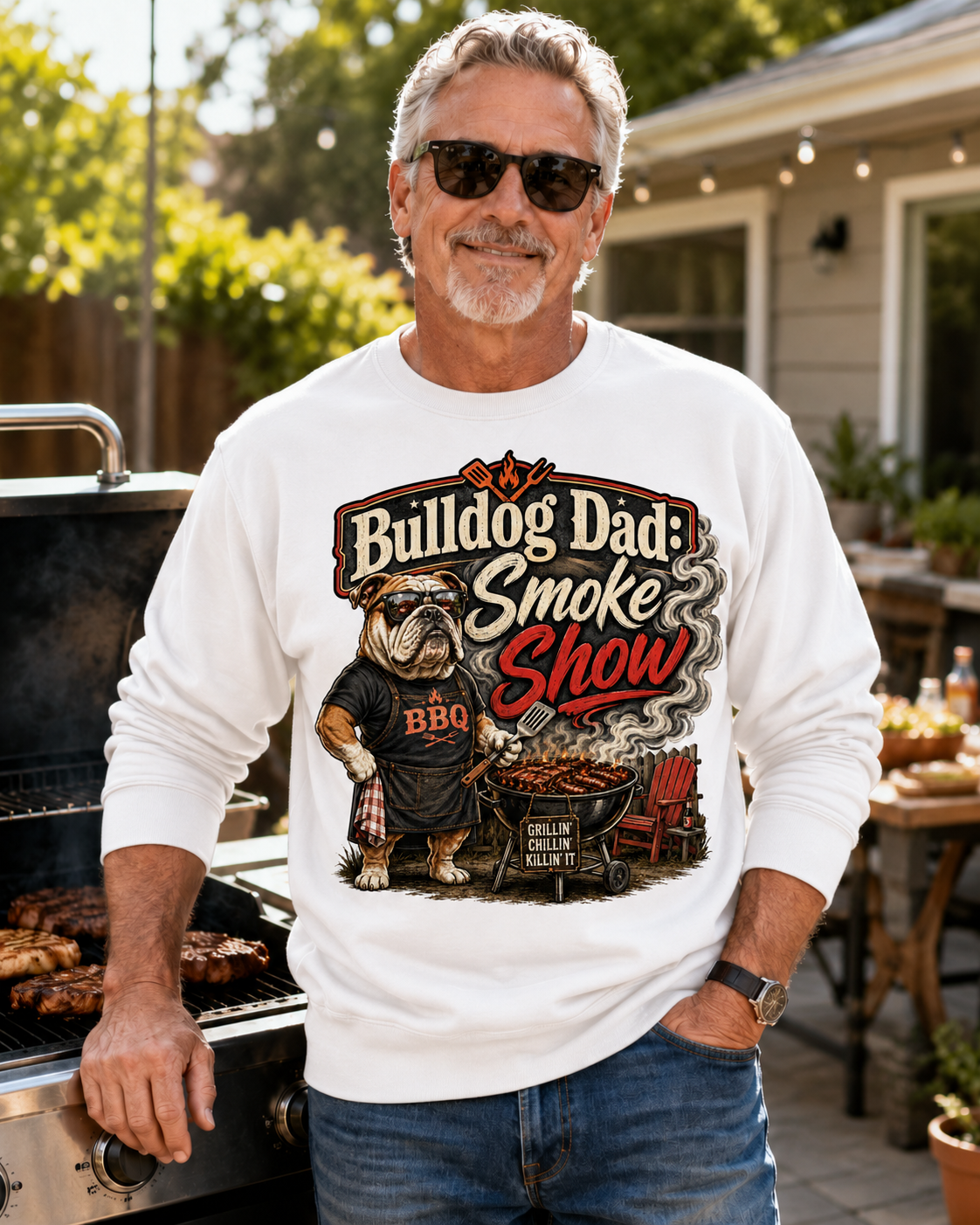 Bulldog Dad Sweatshirt - "Bulldog Dad: Smoke Show" Cozy Crewneck (English)
