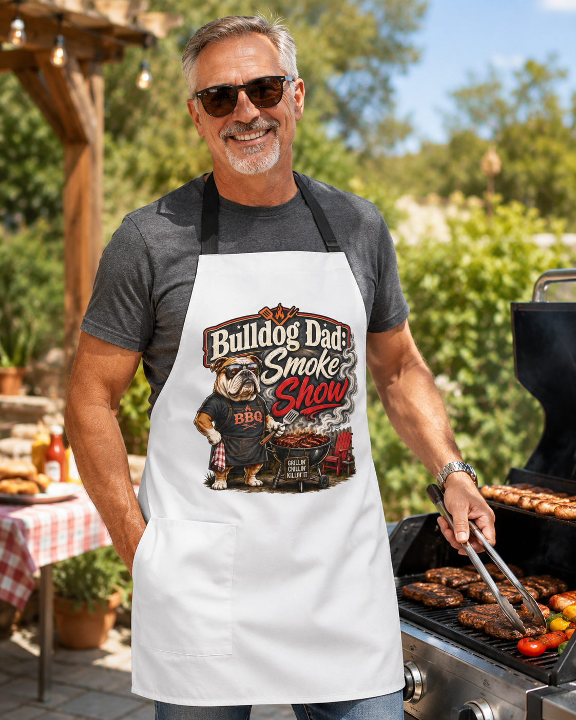 Bulldog Dad BBQ Apron – "Smoke Show" Grilling Gift for Fathers (English)