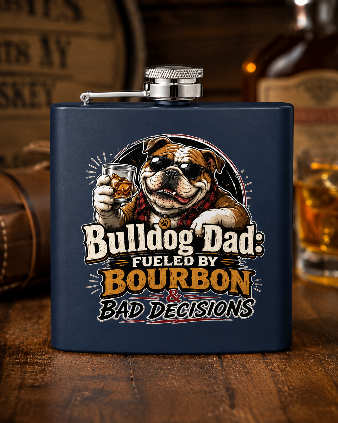 Bulldog Dad 6oz Stainless Steel Flask — "Fueled by Bourbon & Bad Decisions" (English)