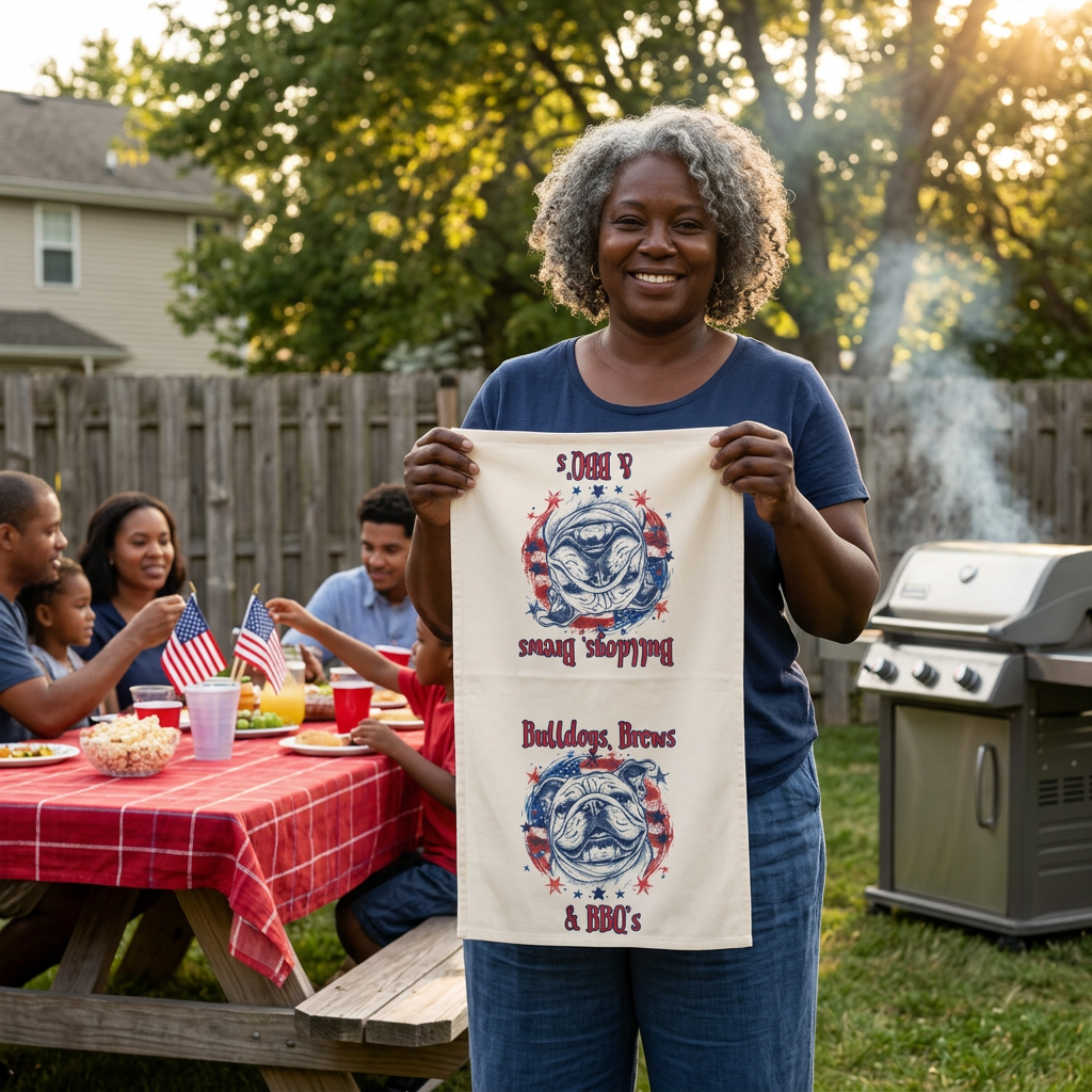 Bulldogs, Brews & BBQs 4th of July Kitchen Towel | Patriotic Bulldog Tea Towel (English)