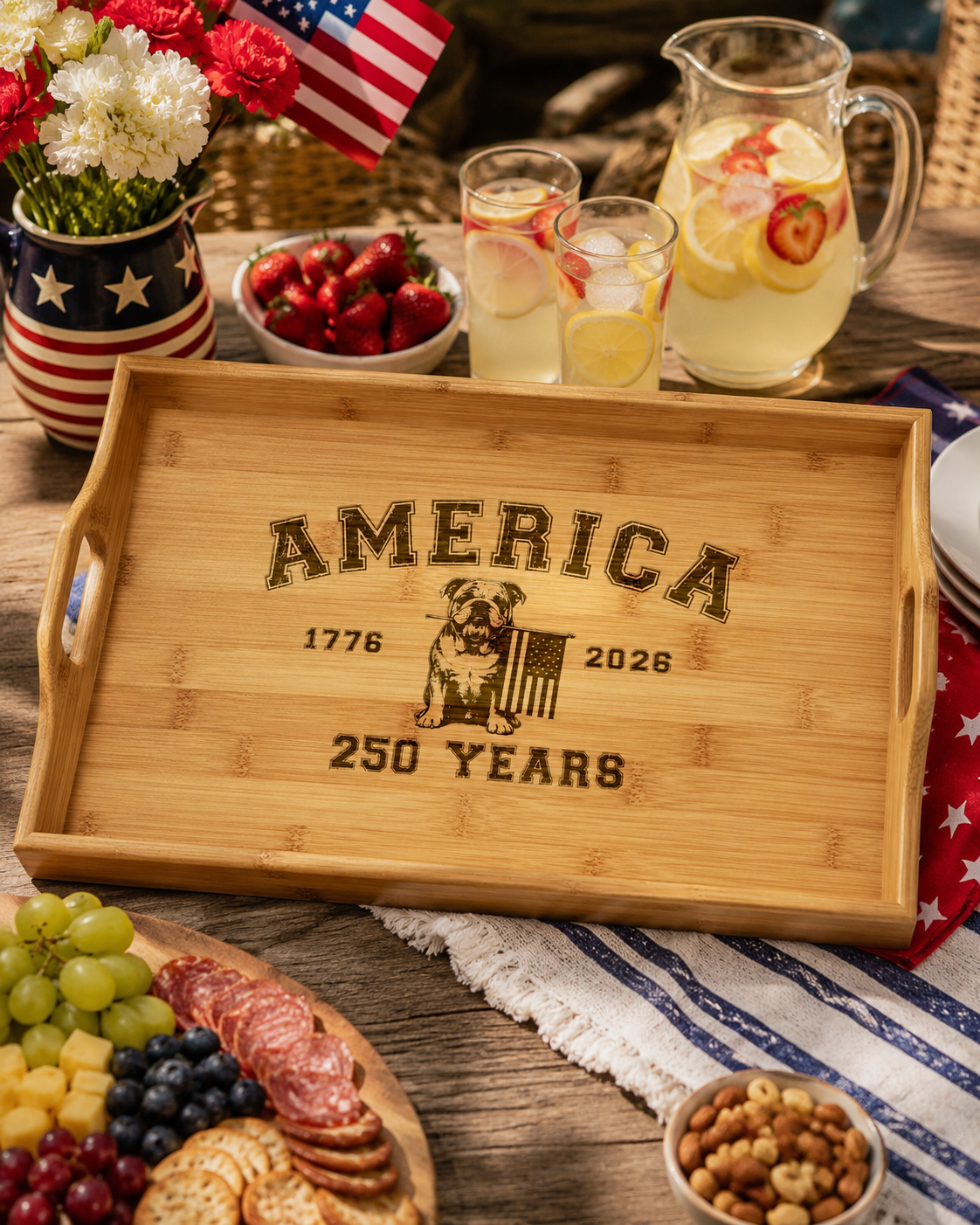 America 250 Years Engraved Bamboo Serving Tray | Patriotic Bulldog Tray (English)