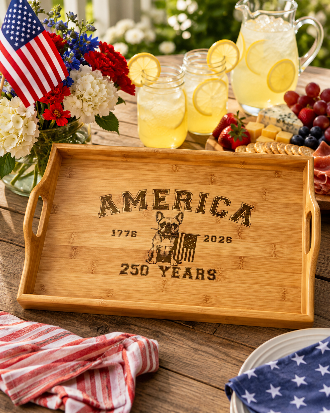 America 250 Years Engraved Bamboo Serving Tray | Patriotic Bulldog Tray (French)