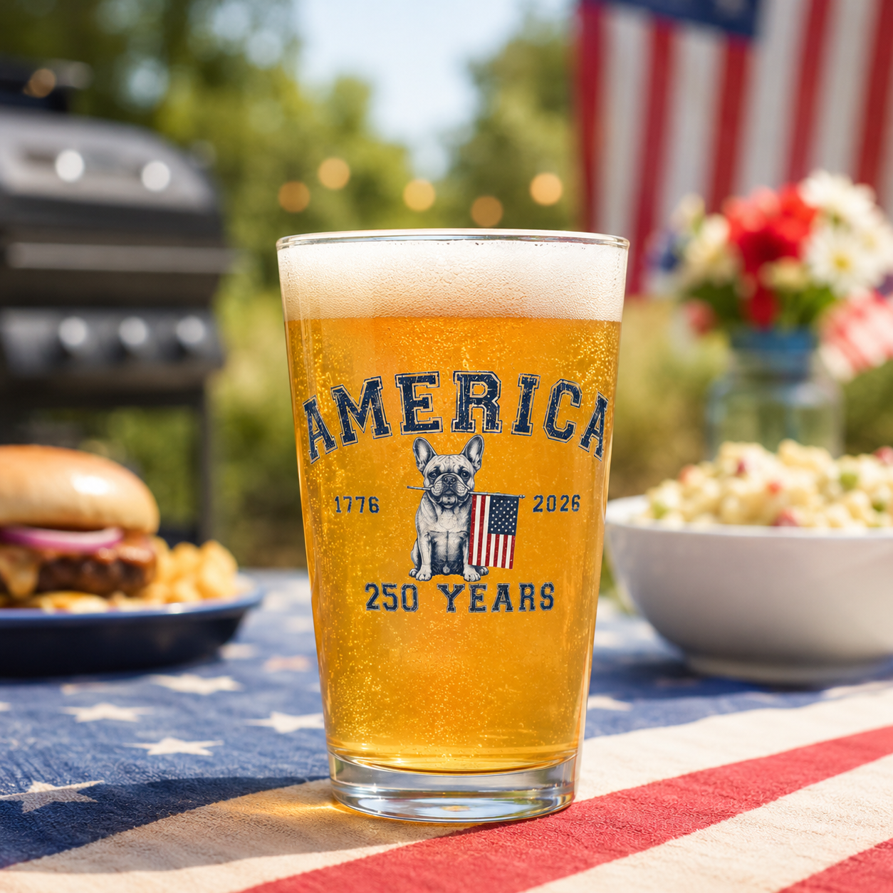 America 250 Years Pint Glass — Patriotic Bulldog & Flag 16oz Beer Glass (English)