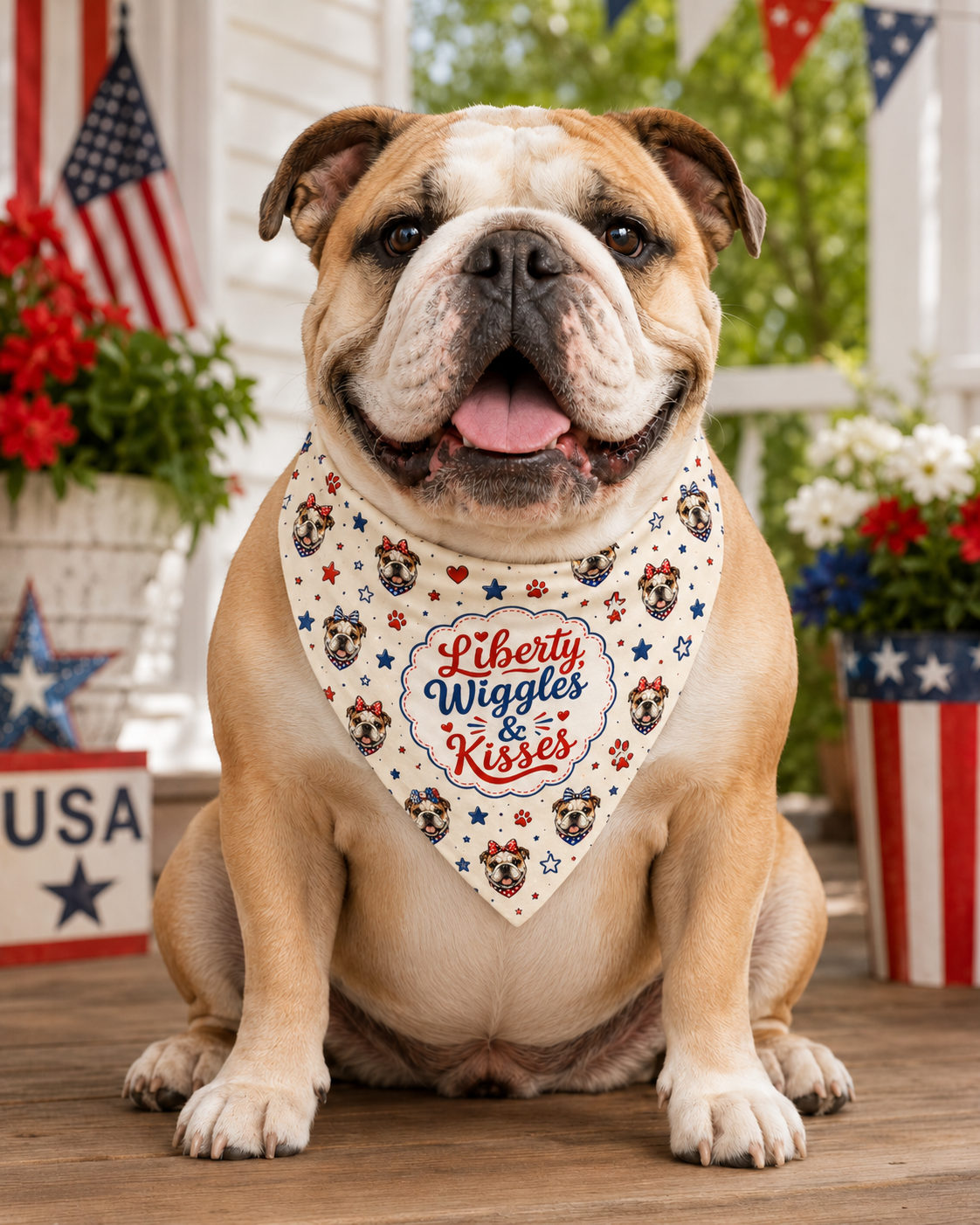 Liberty, Wiggles & Kisses 4th of July Dog Bandana (English)