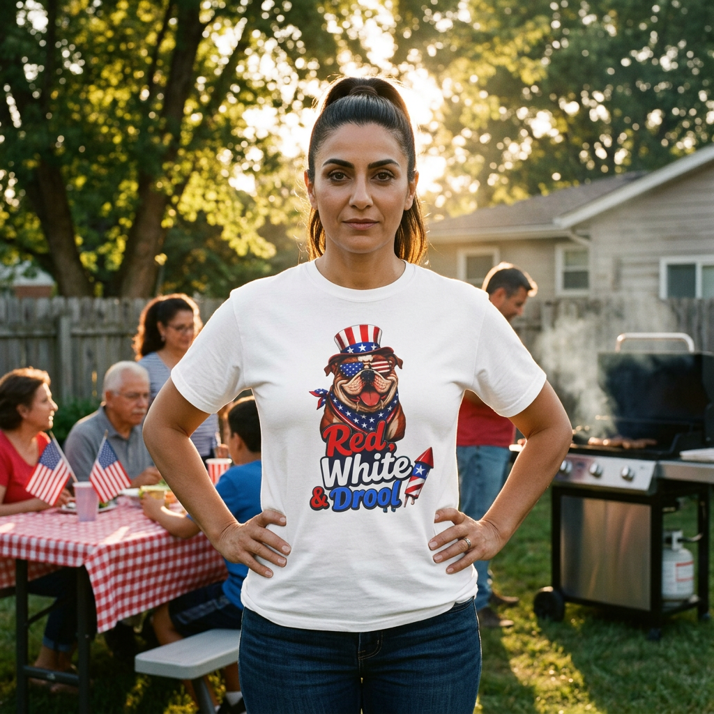 Red, White & Drool Bulldog T-Shirt | Patriotic Garment-Dyed Tee (English)