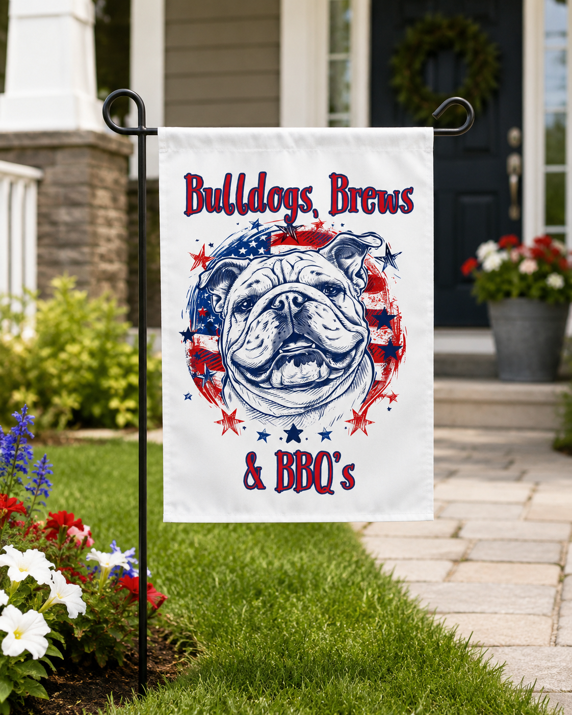 Bulldogs, Brews & BBQ's 4th of July Bulldog Garden Flag — Patriotic Dog Lover Outdoor Yard Flag (English)