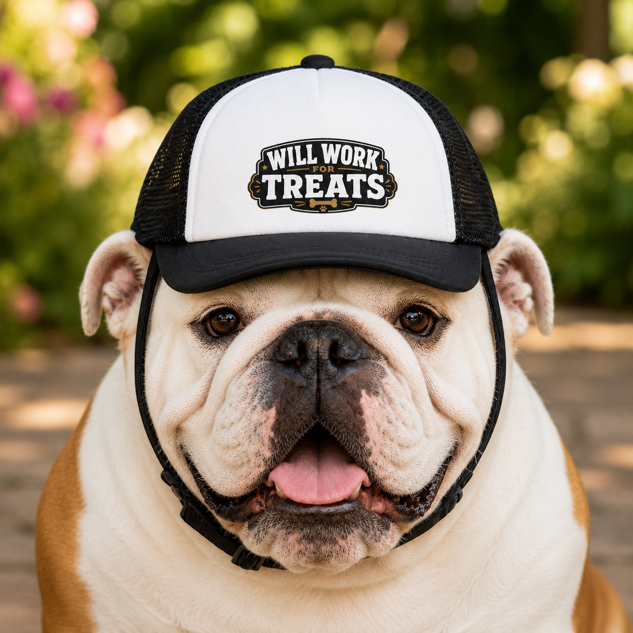 "Will Work For Treats" Bulldog Trucker Hat (English/French)