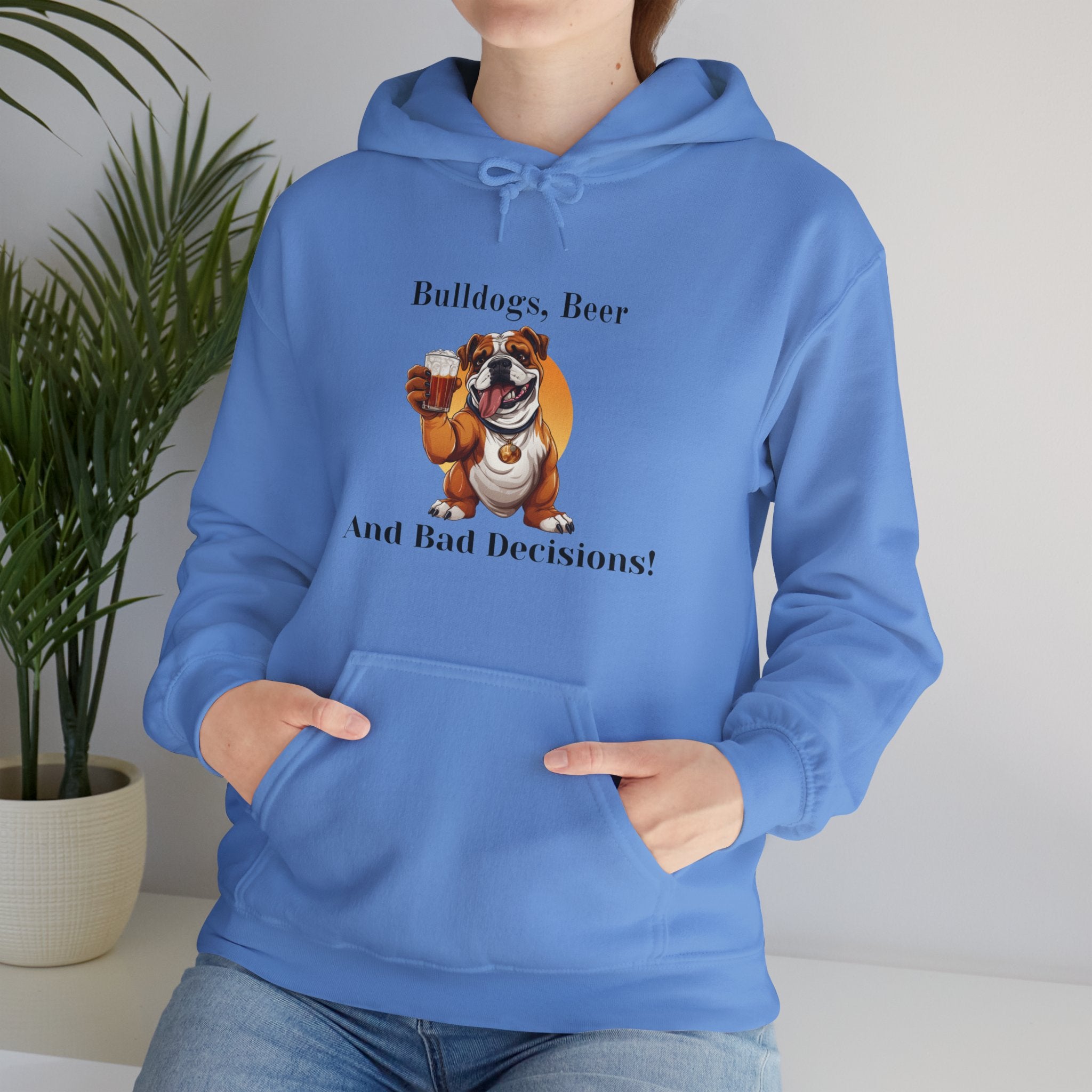Bulldogs, Beer, and Bad Decisions" Hoodie - Your Go-To Gear for Mischievous Times! (English/Brown)