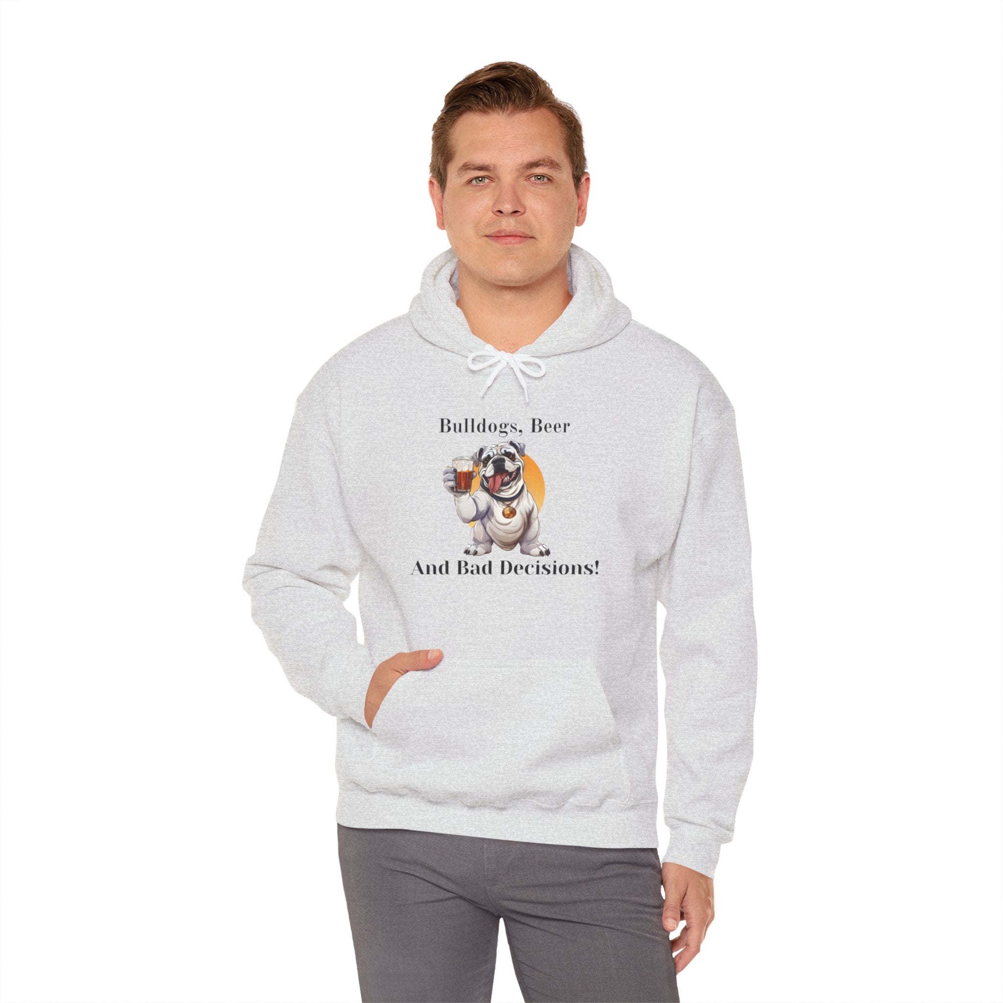 Bulldogs, Beer, and Bad Decisions" Hoodie - Your Go-To Gear for Mischievous Times! (English/White)