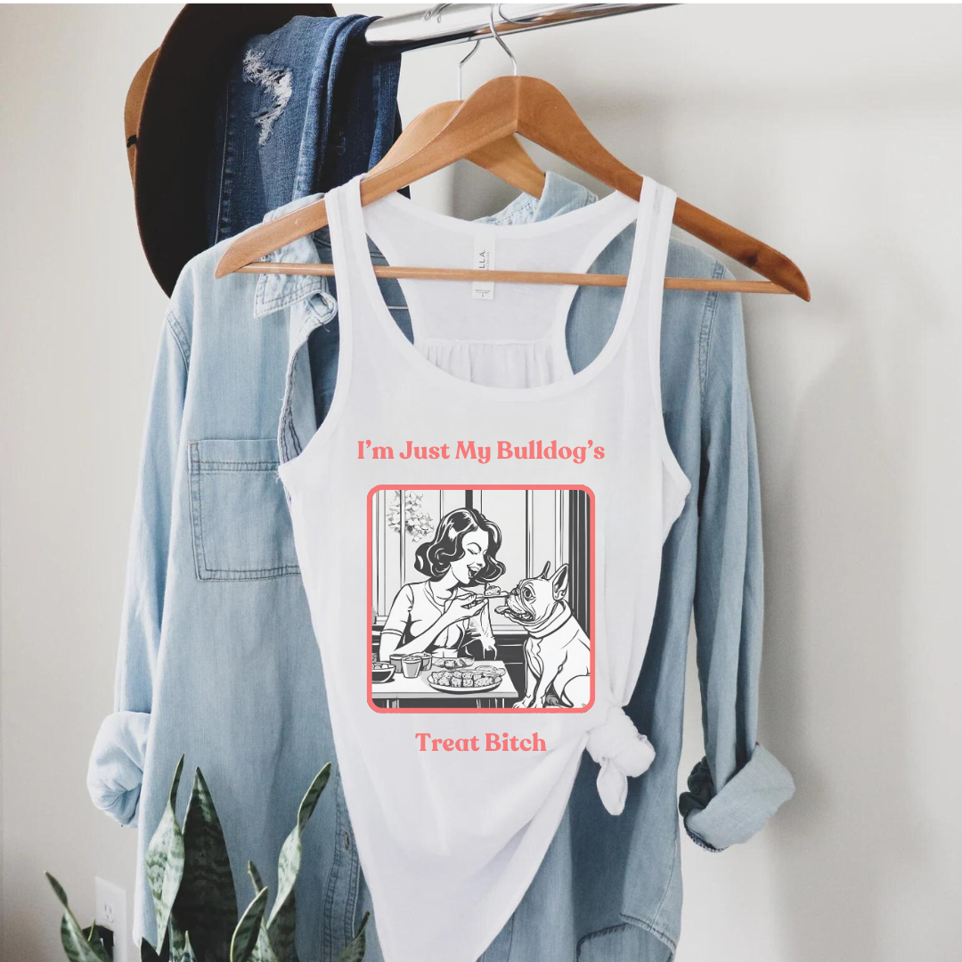 "Just My Bulldog's Treat Bitch" Flowy Racerback Tank (Pink/French)