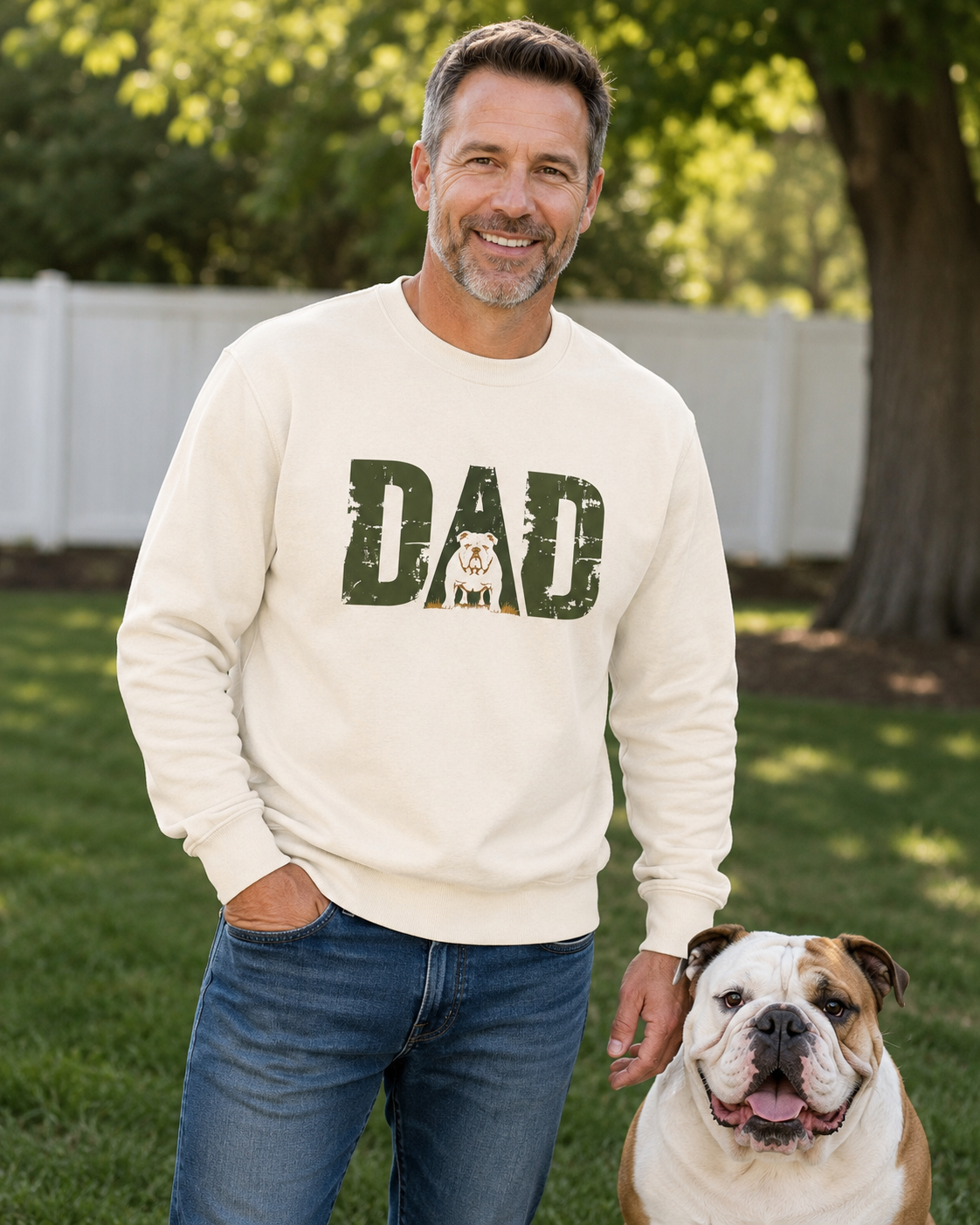 Bulldog Dad Crewneck Sweatshirt | Distressed DAD Sweatshirt for Bulldog Dads (English)