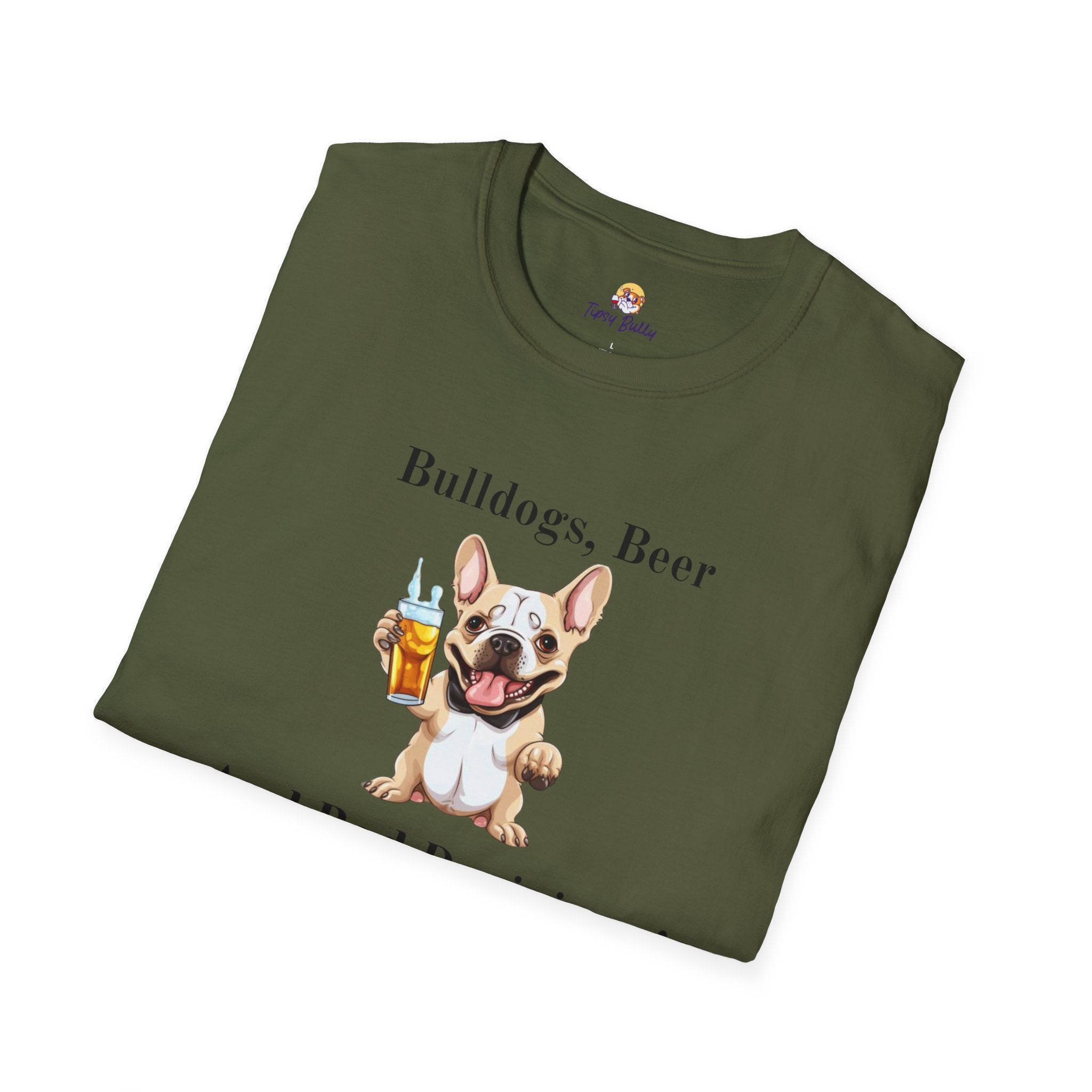 Bulldogs, Beer, and Bad Decisions" Unisex T-Shirt by Tipsy Bully (French/White)