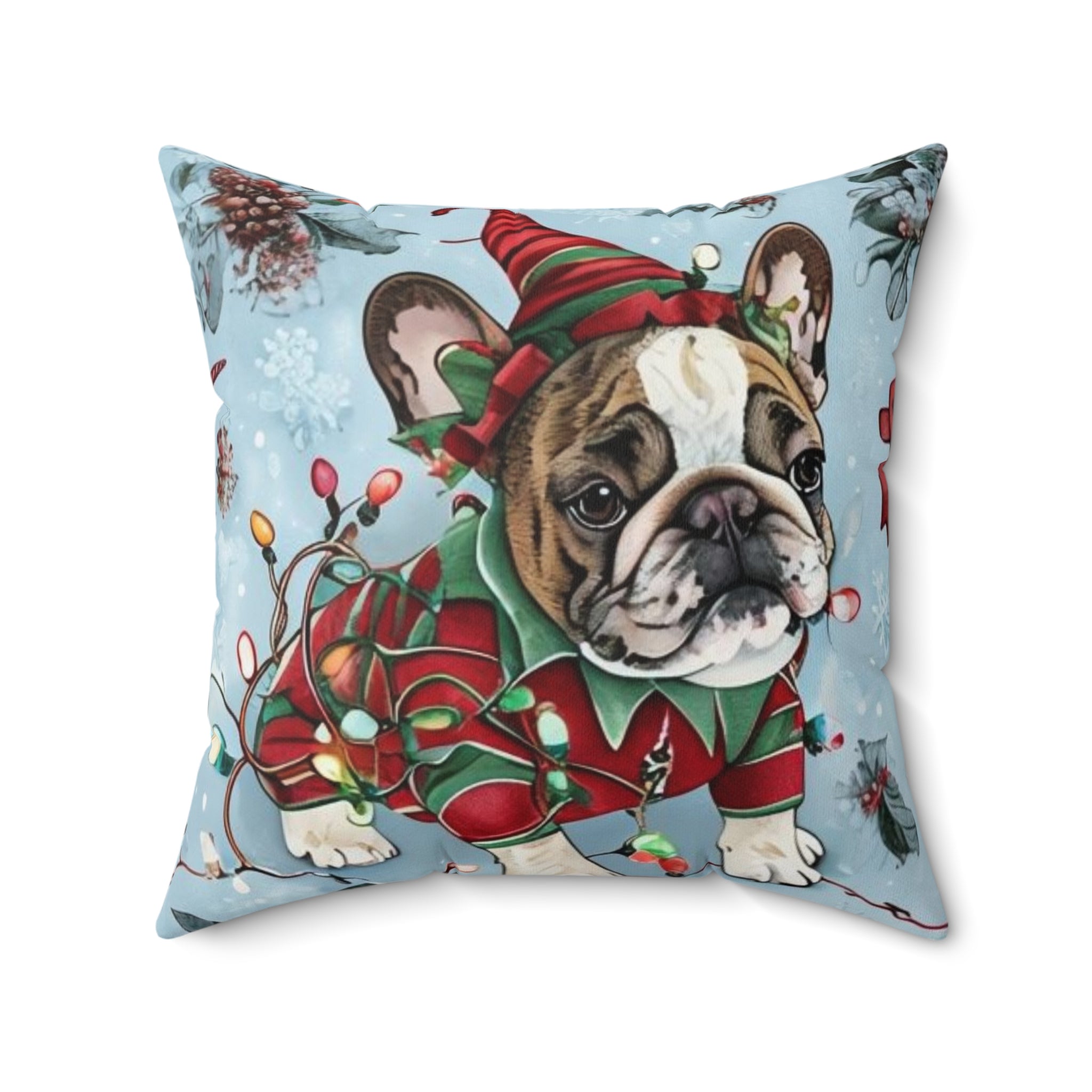 “Holiday Bulldog Wonderland” Christmas pillow (French)