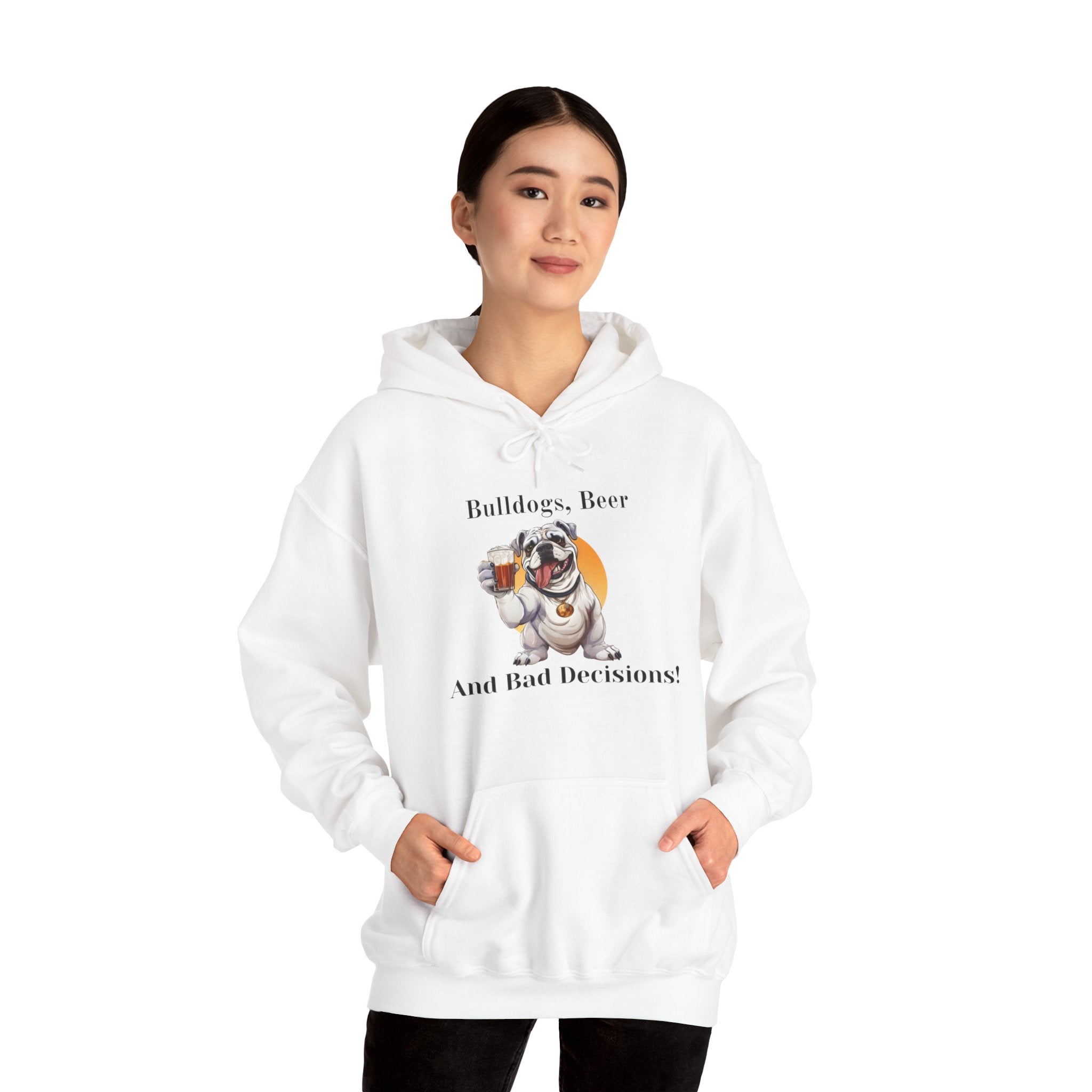 Bulldogs, Beer, and Bad Decisions" Hoodie - Your Go-To Gear for Mischievous Times! (English/White)