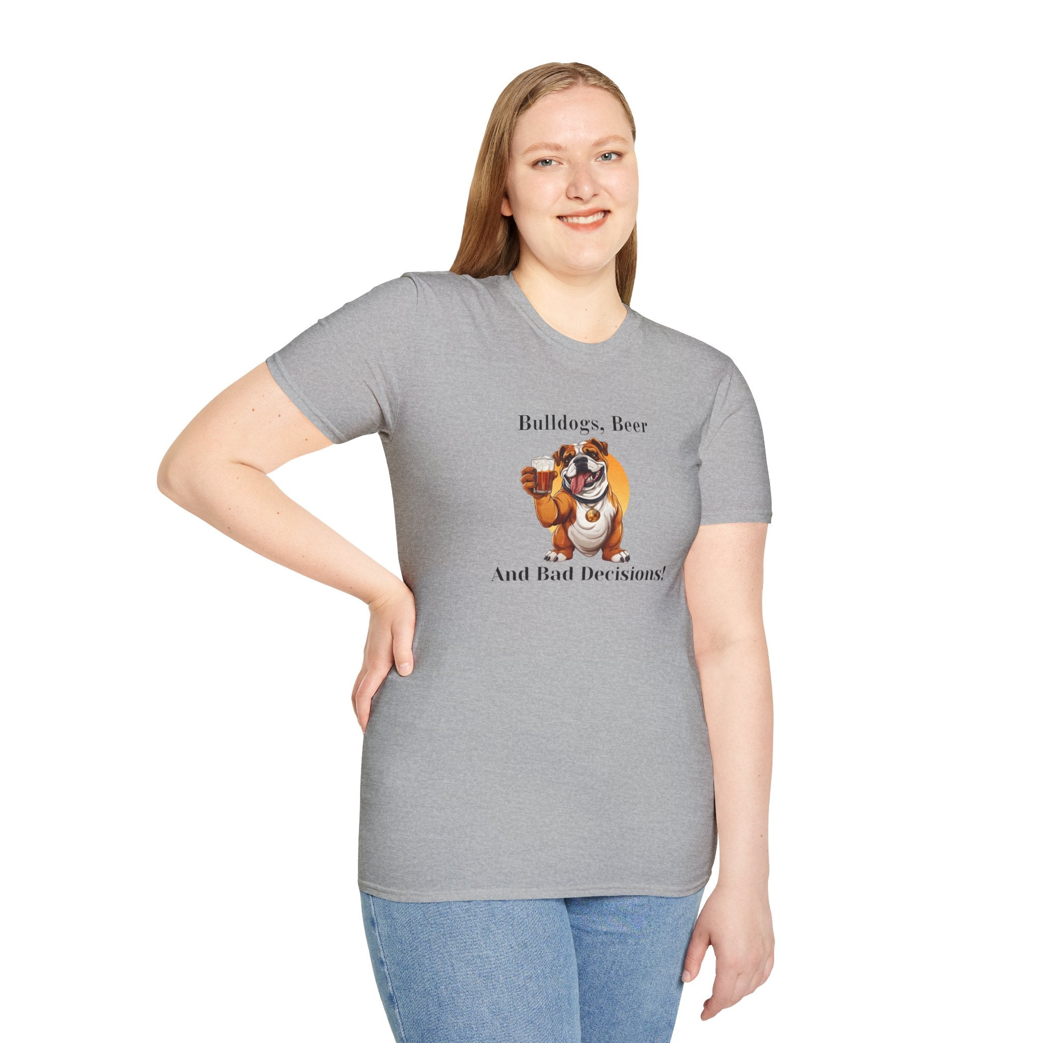 Bulldogs, Beer, and Bad Decisions" Unisex T-Shirt by Tipsy Bully (English/Brown)