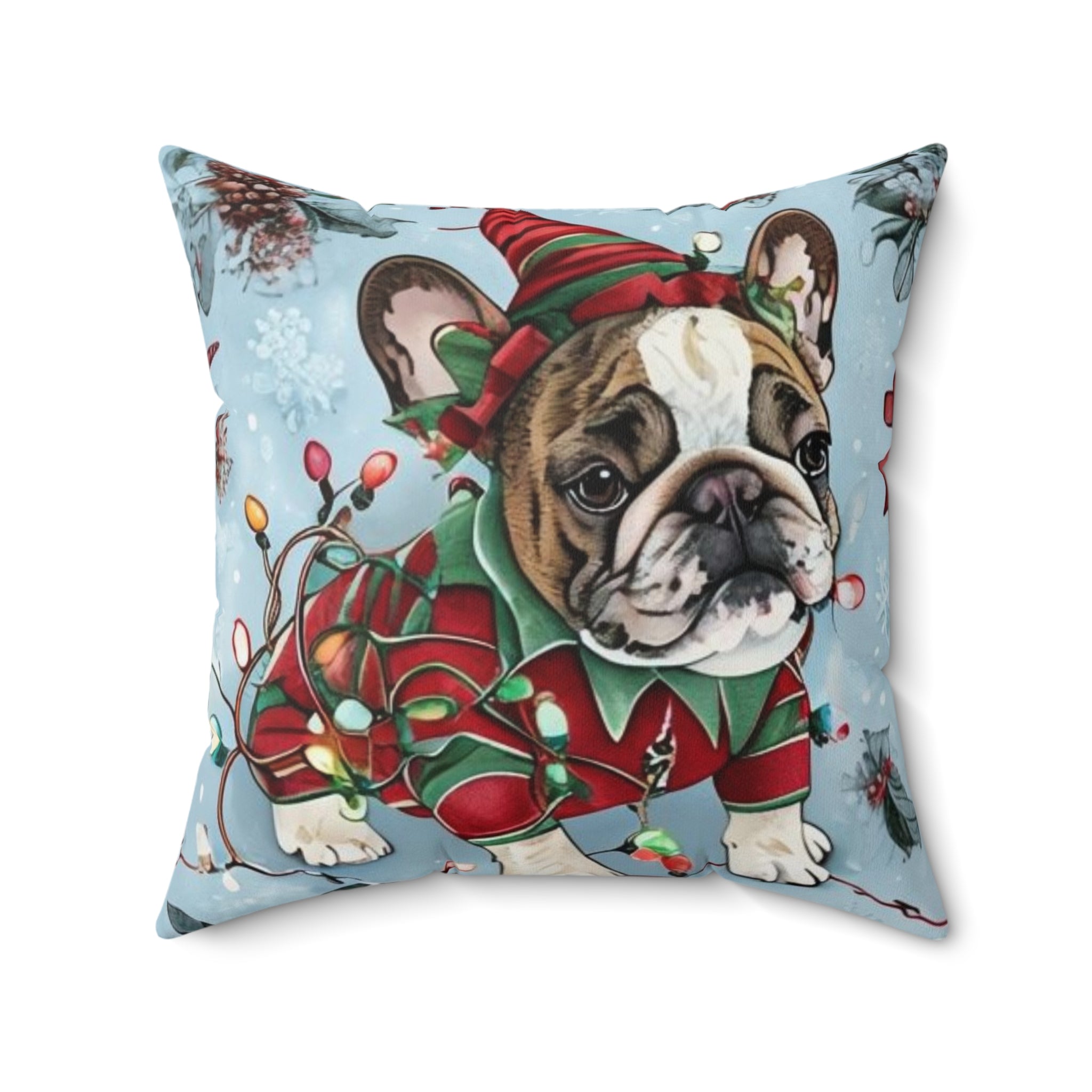 “Holiday Bulldog Wonderland” Christmas pillow (French)