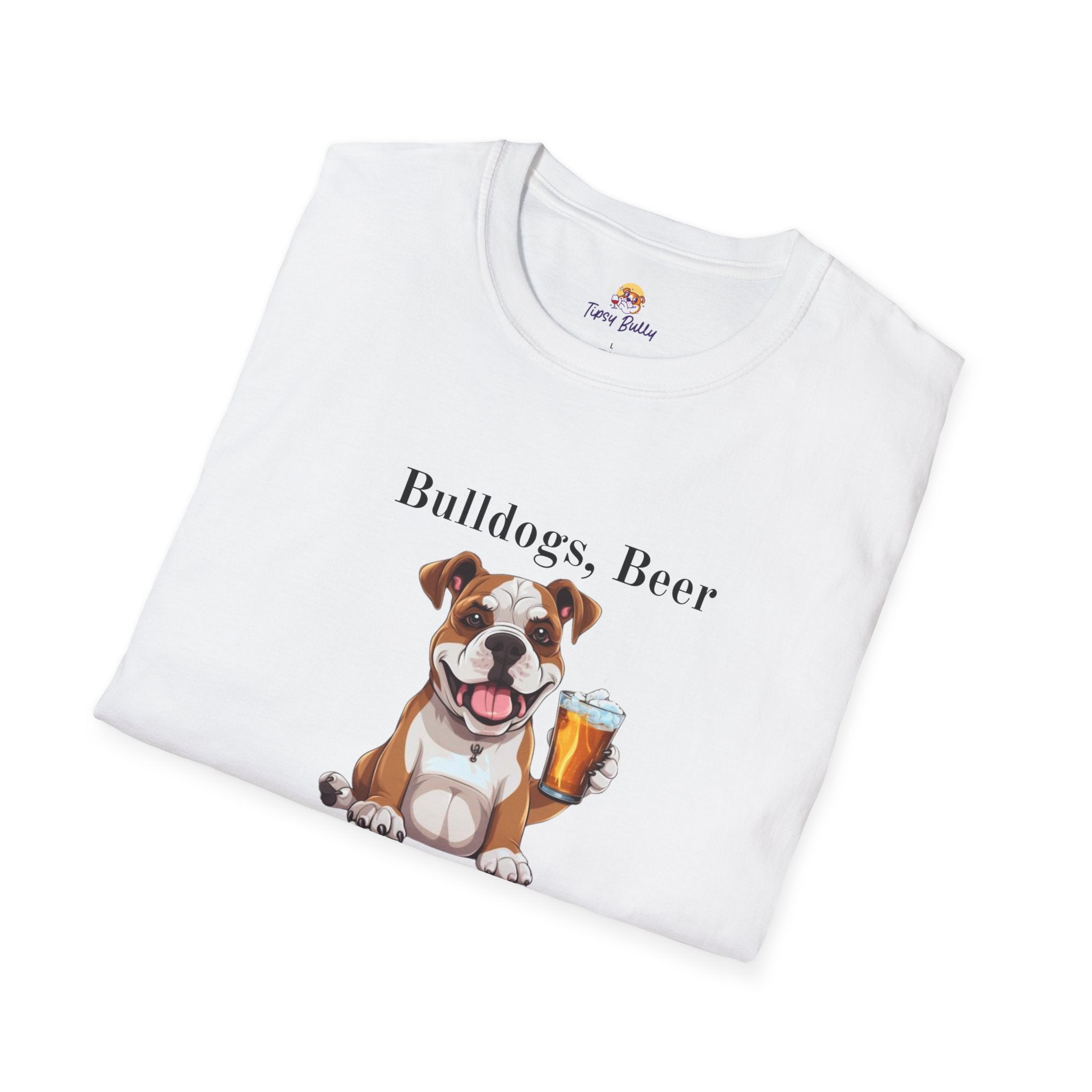 Bulldogs, Beer, and Bad Decisions" Unisex T-Shirt by Tipsy Bully (American/White)