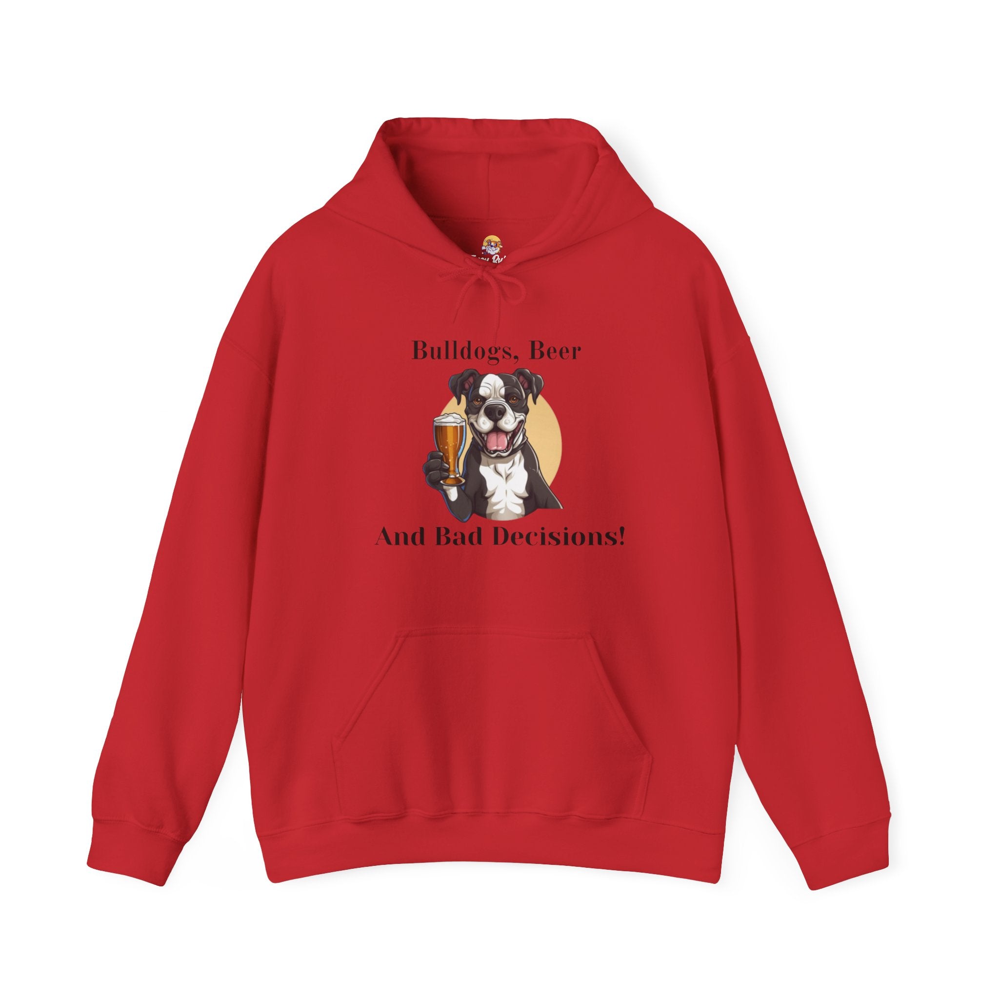 Bulldogs, Beer, and Bad Decisions" Hoodie - Your Go-To Gear for Mischievous Times! detail shot - English Bulldog mom gift | Tipsy Bully