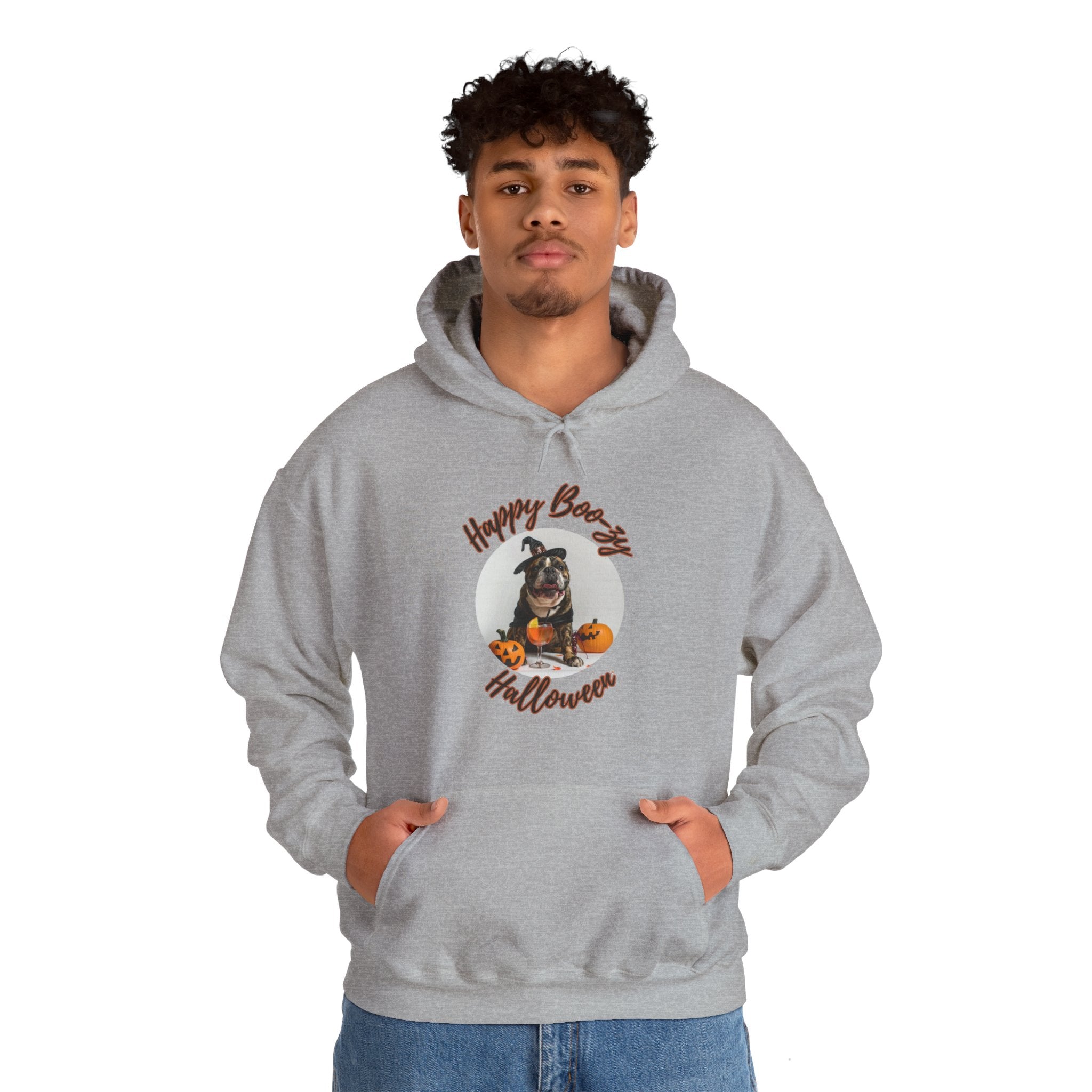 "Happy Boo-zy Halloween" Halloween Bulldog Hoodie (Black/French)