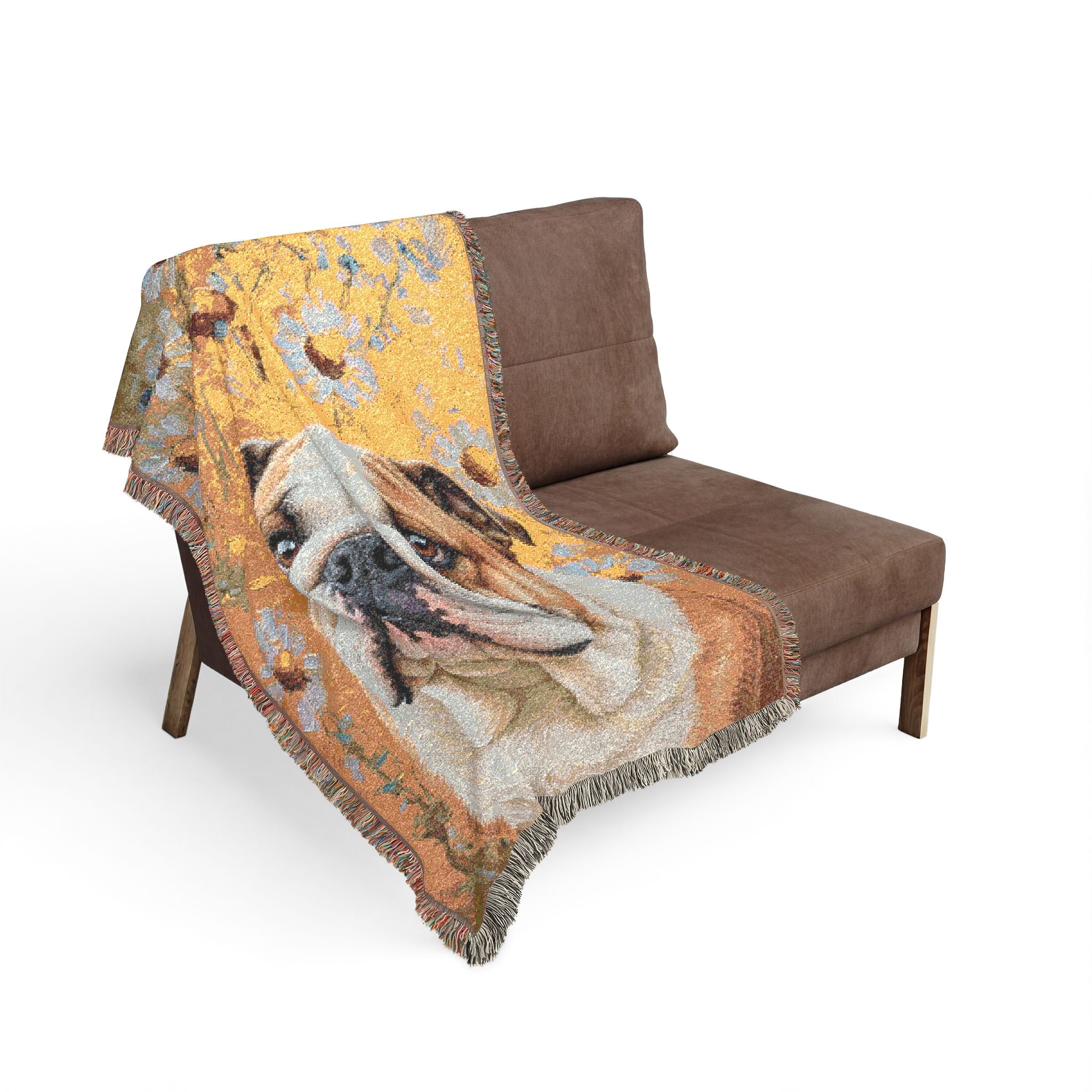 Woven Throw Blanket - English Bulldog & Daisies - 100% Cotton Tapestry with Fringed Edges