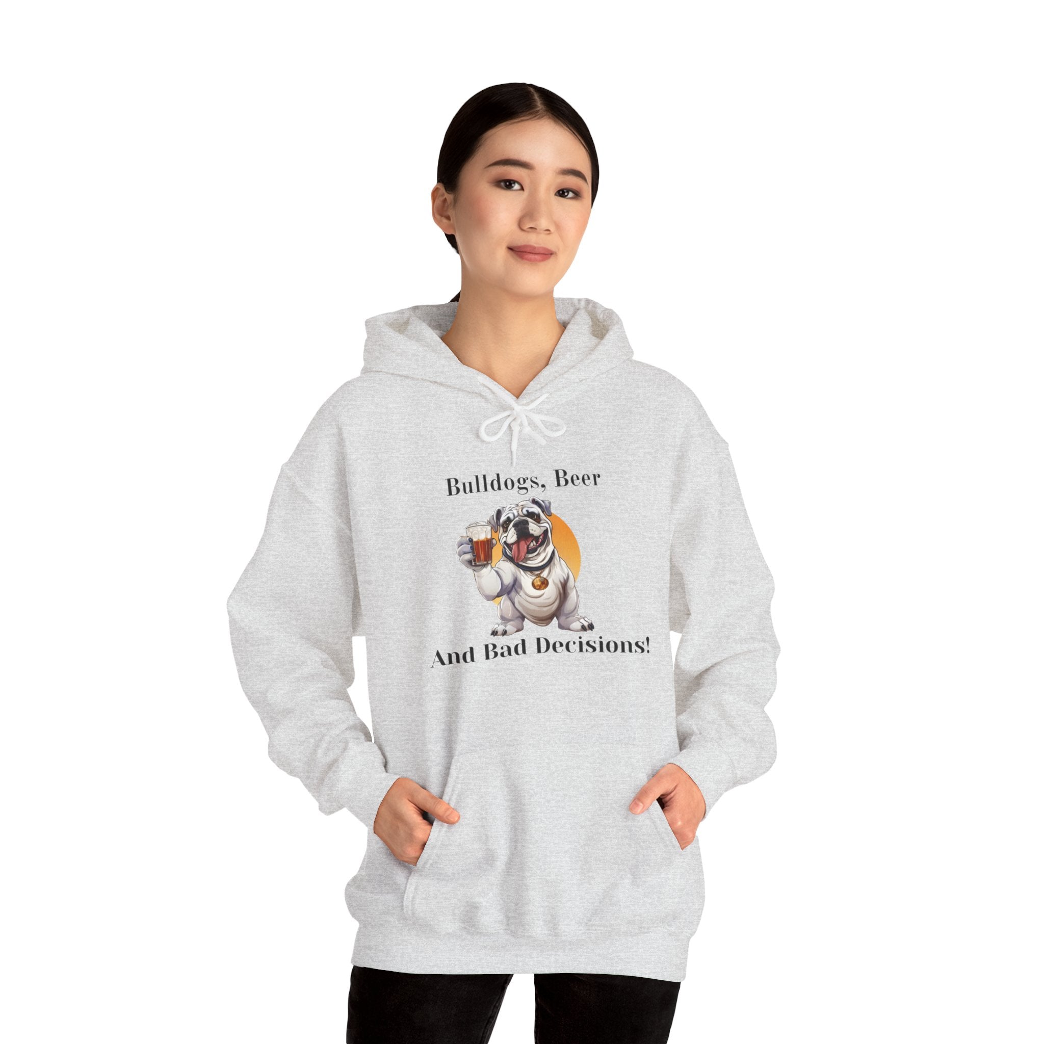 Bulldogs, Beer, and Bad Decisions" Hoodie - Your Go-To Gear for Mischievous Times! (English/White)